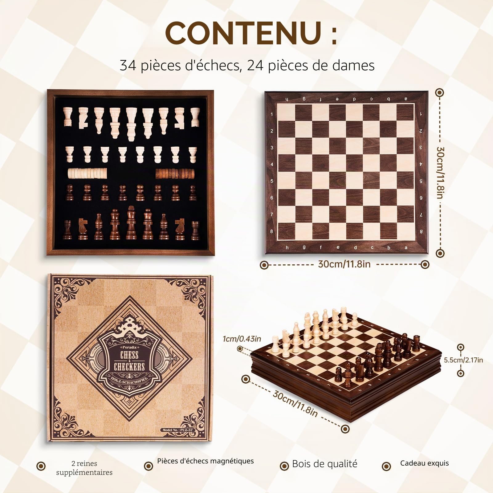 Peradix Magnétique Échiquier en Bois avec Couvercle Amovible, Jeu d'Échecs et de Dames 2-en-1 avec Pièces, Cadeau Traditionnel pour Adultes et Enfants