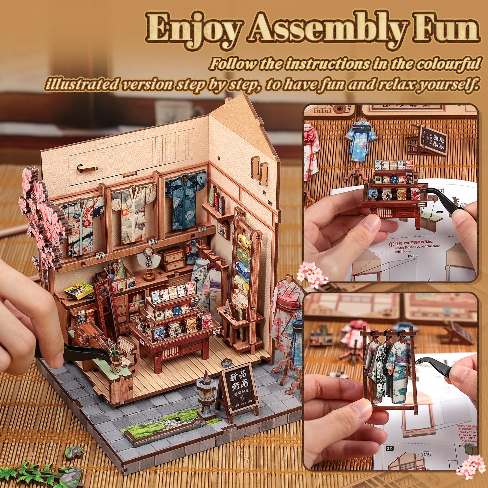 Cutefun Japanese Book Nook DIY - Puzzle 3D (Sakura O Kimono Shop) | 3D drewniane puzzle dla dorosłych miniaturowy zestaw do rękodzieła prezent dla kobiet miłośników książek