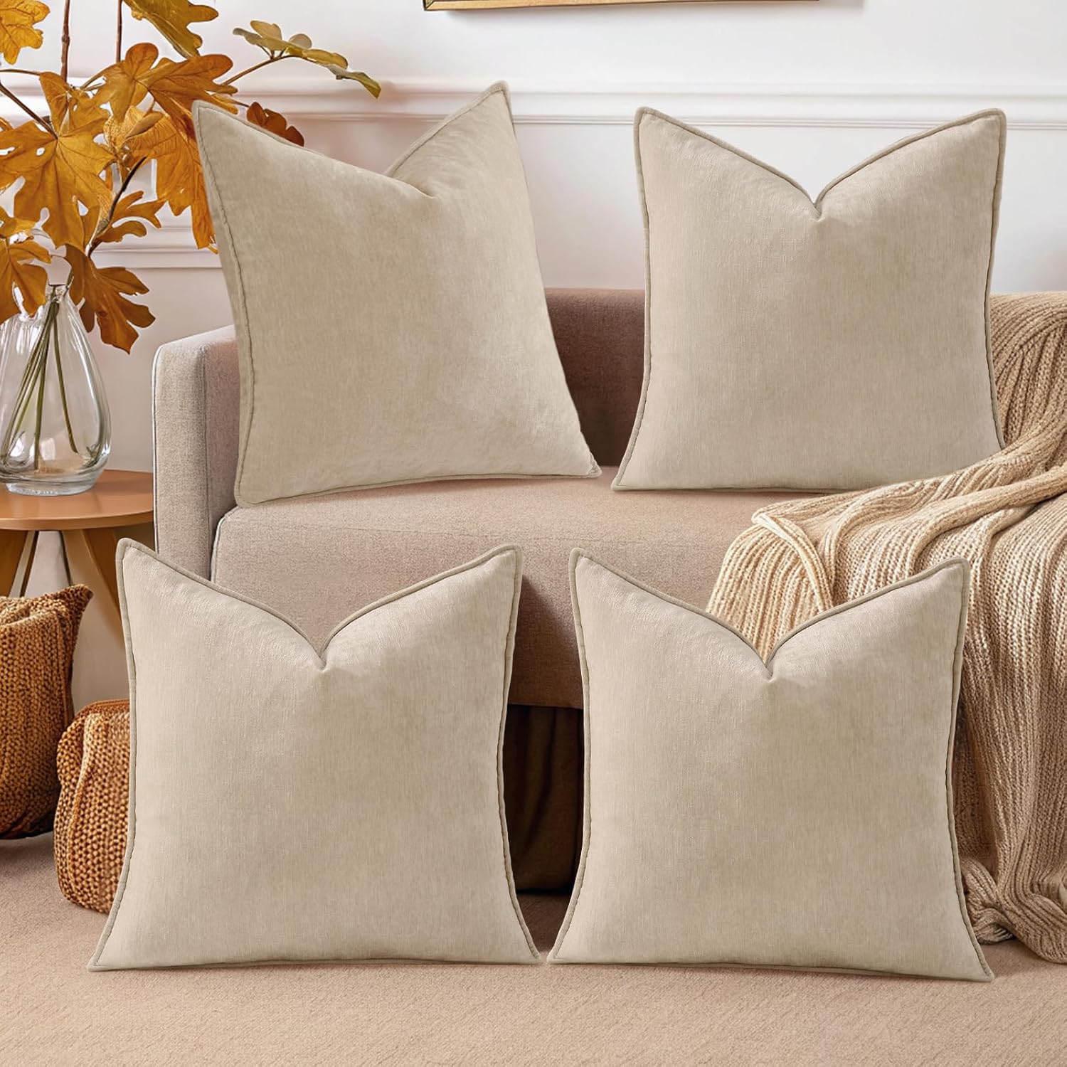 decorUhome Spring Set of 4 Beige Couch Throw Pillow Covers 20x20, Decorative Soft Neutral Chenille Pillow Covers with Elegant Design for Living Room Bed Sofa