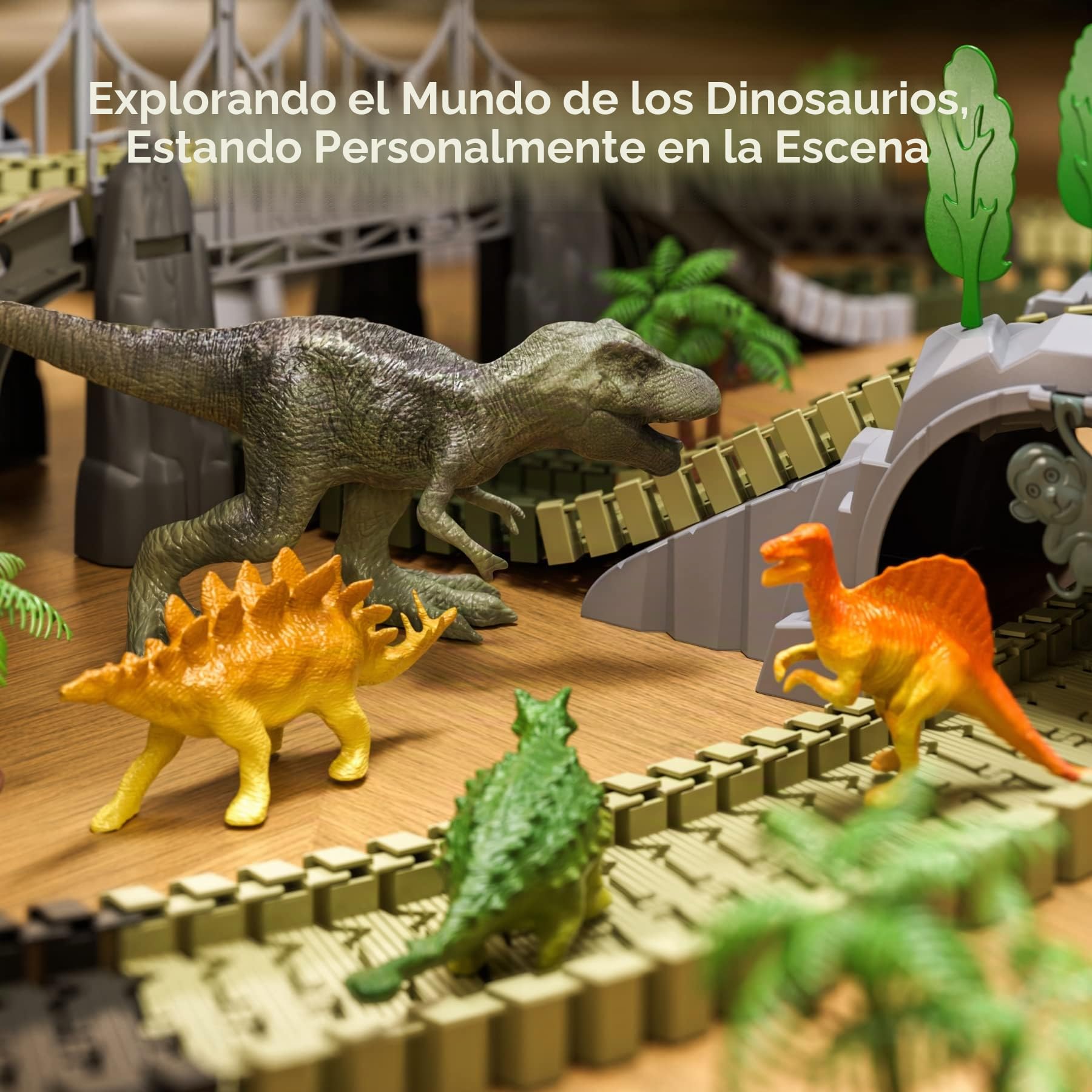 Dinosaurio Juguetes Pista de Carreras,281 Piezas Tren de Dinosaurios Juguetes para Niños de 3 4 5 6 años,Vías de Tren Flexibles con 4 Dinosaurios,2 Coches de Carreras Eléctricos con Luces