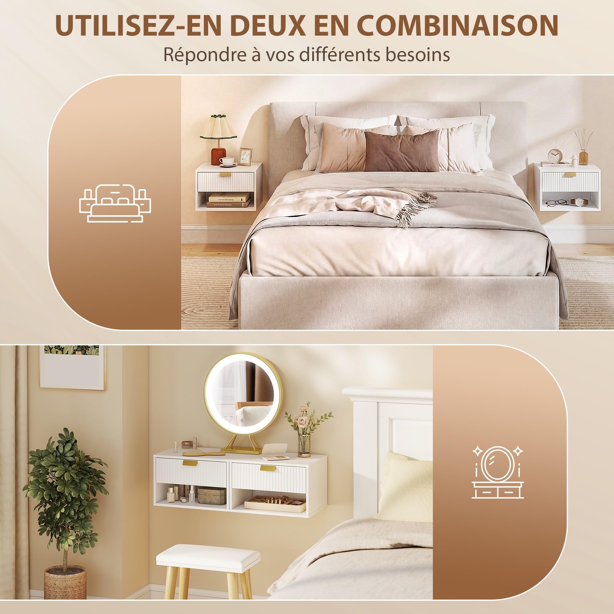 HOMCOM Lot de 2 Tables de Chevet murales suspendues 40 x 30 x 25 cm Blanc