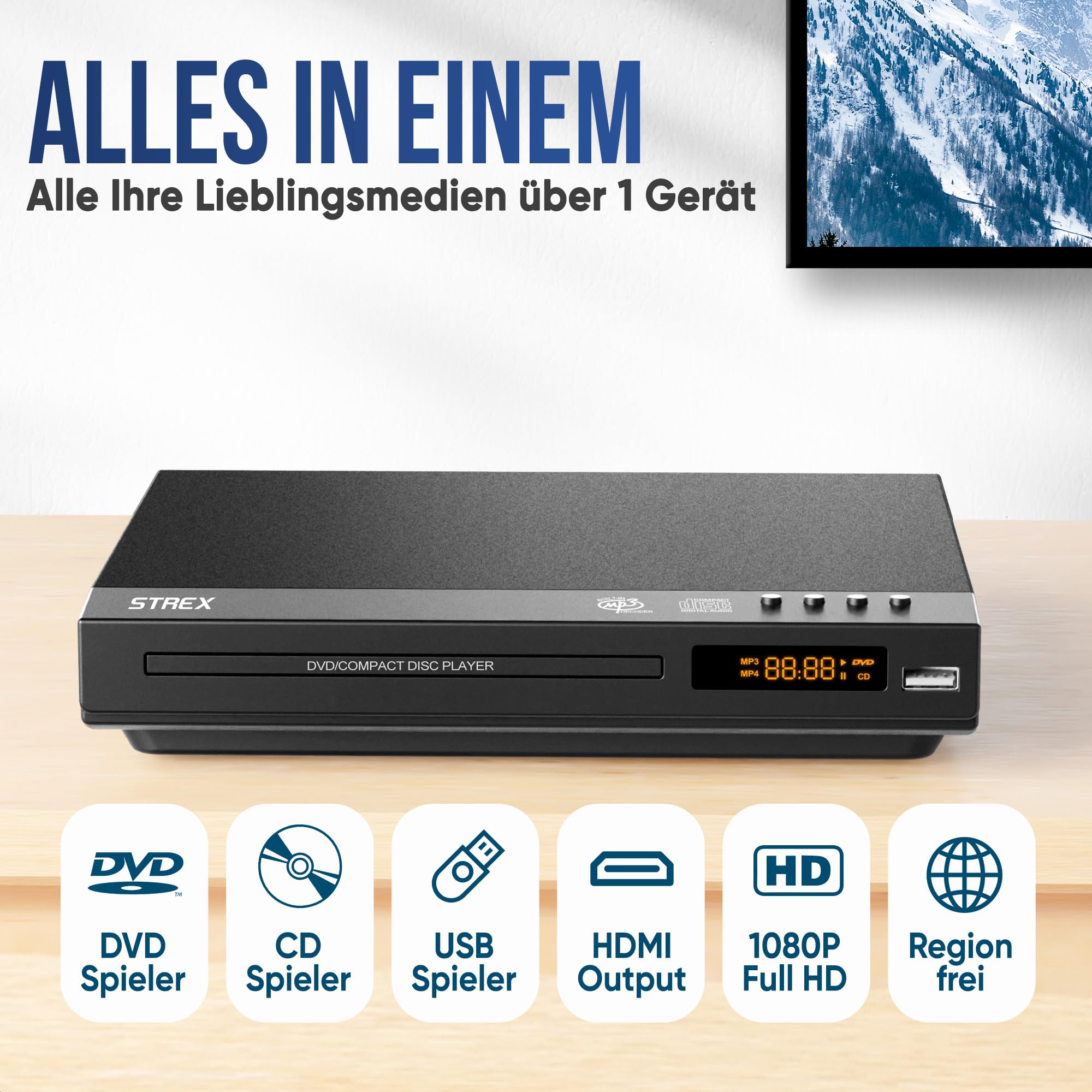 Strex DVD Player mit HDMI - Full HD 1080P - Region Free - Fernbedienung - USB - HDMI/RCA - Schwarz DVD-Player