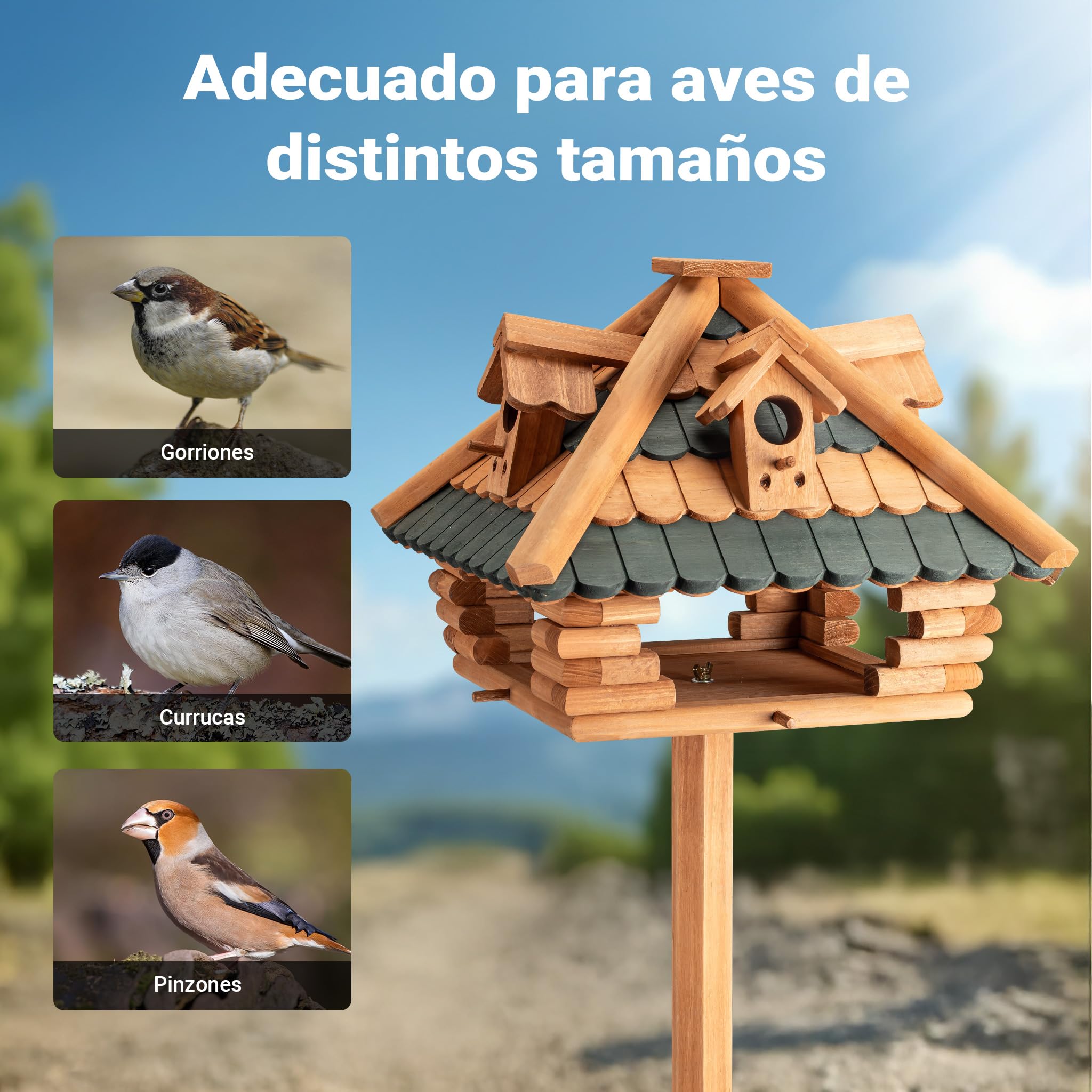 Comedero para pájaros con Soporte 115cm Madera de Abeto casa Aves alimentación alimentador