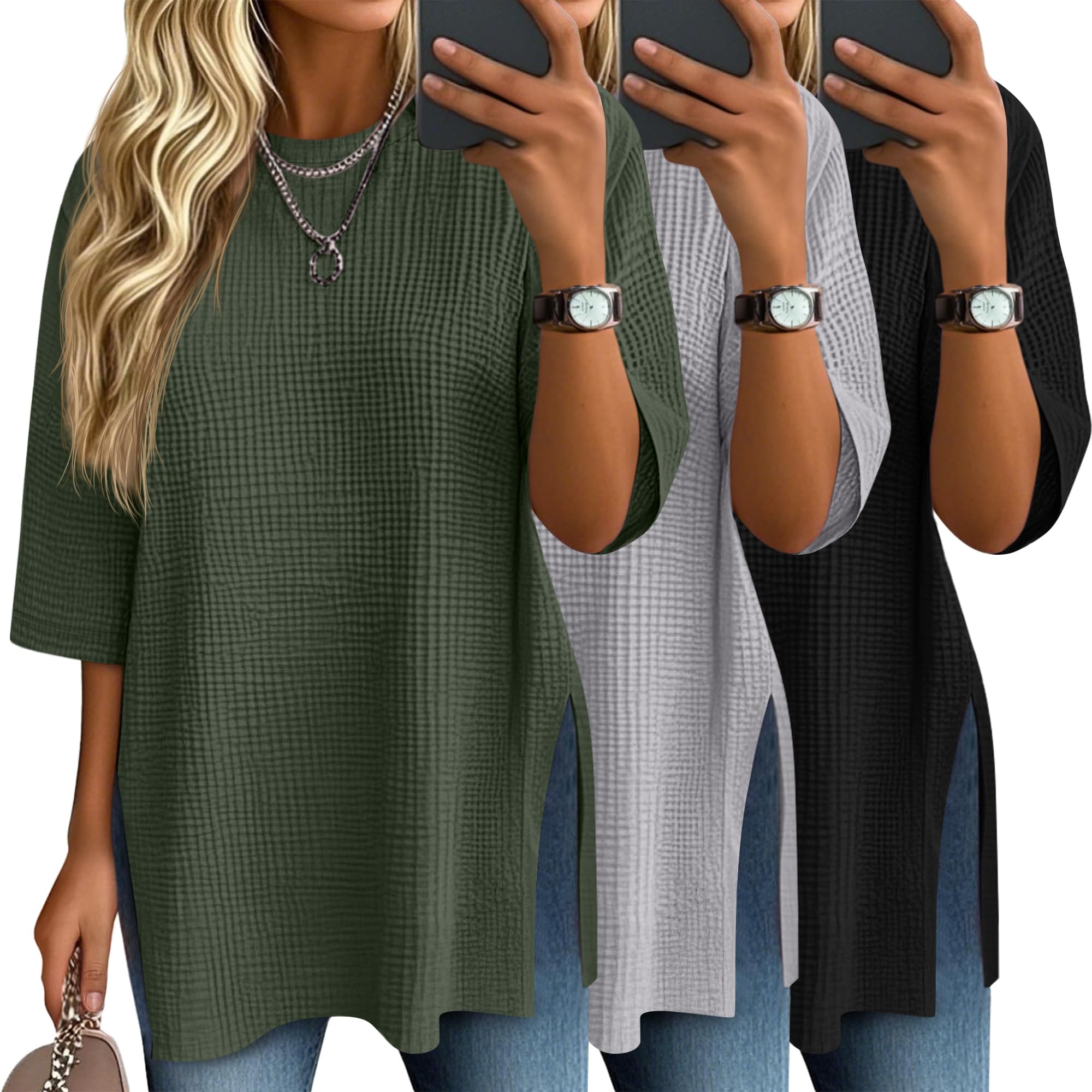 3 Pack Women's 3/4 Sleeve Waffle Knit Tops Oversized Crewneck T-Shirts Loose Casual Blouses Side Split Tees