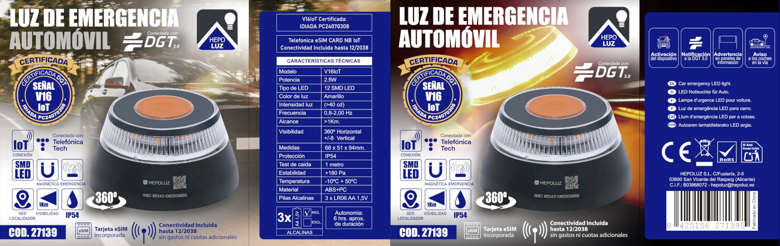 Pack Luz de Emergencia V16 IoT Homologada DGT, Conectividad IoT + Linterna LED Multifunción Lifeguard II