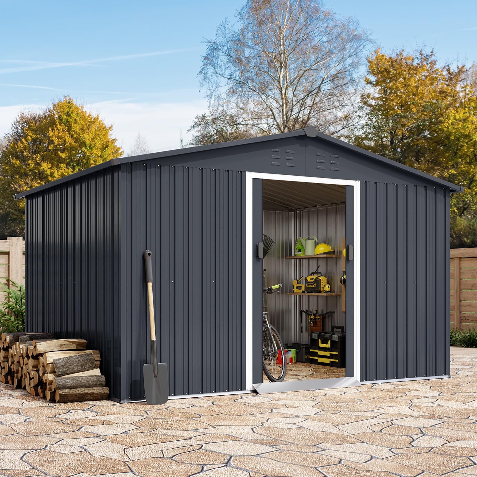 Photo 1 of 10x12 FT Outdoor Metal Storage Shed with Lockable Door - Large Waterproof Galvanized Steel Shed, Pitched Roof & Vents for Tools, Lawn Mower, Bike, Garbage Cans, Backyard, Garden (Grey)