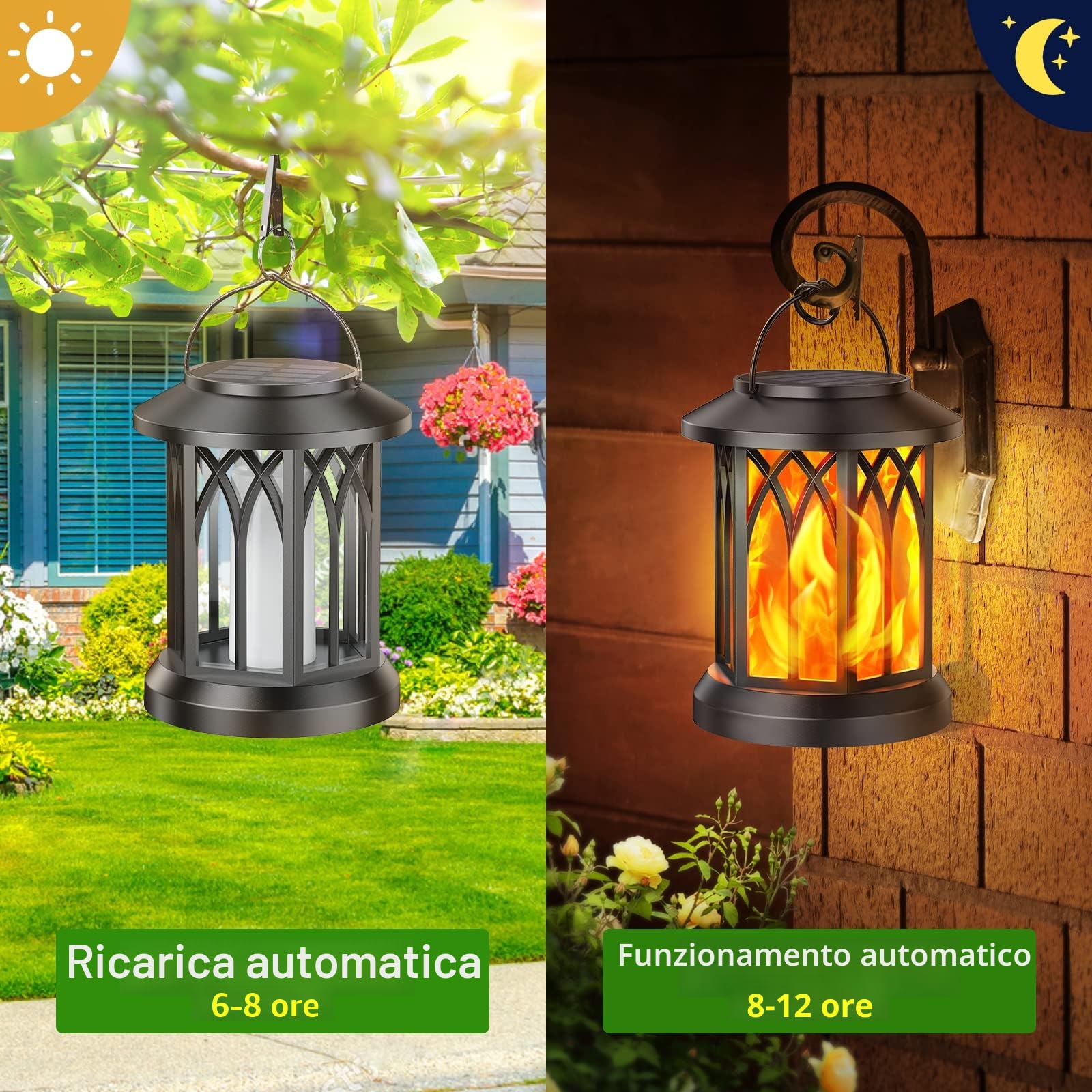 GEARLITE Lanterne Solari da Esterno, 2 Pezzi Lanterna Solare da Esterno Effetti Fiamma Realistici, IP65 Impermeabile Lampada Solare da Giardino Esterni Appese con Clip per Cortile, Halloween, Balcone