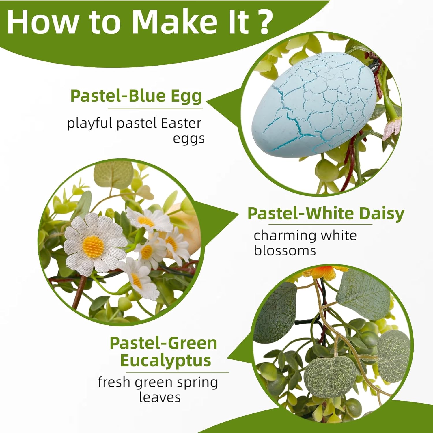 CENMORISE Easter Garland Decorations-6FT Spring Floral Egg Garland with Eucalyptus Leaf Flower,Battery Operated with Timer for Mantle Fireplace Door Home Office
