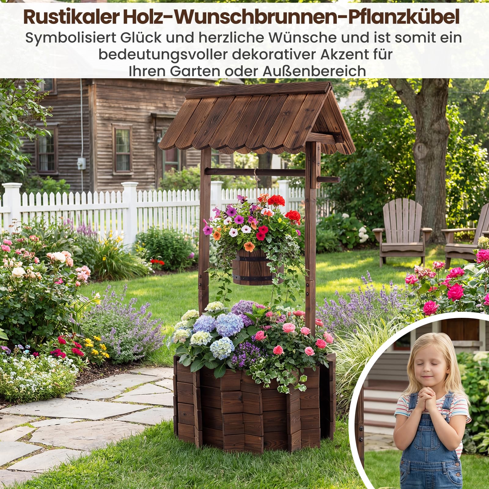 COSTWAY Holzbrunnen mit Dach, Wunschbrunnen Garten, Blumenkübel Dekobrunnen Blumentopf, Dekoration für Draußen Veranda, Zierbrunnen Brunnen Gartenbrunnen, 56 x 56 x 119 cm, Braun