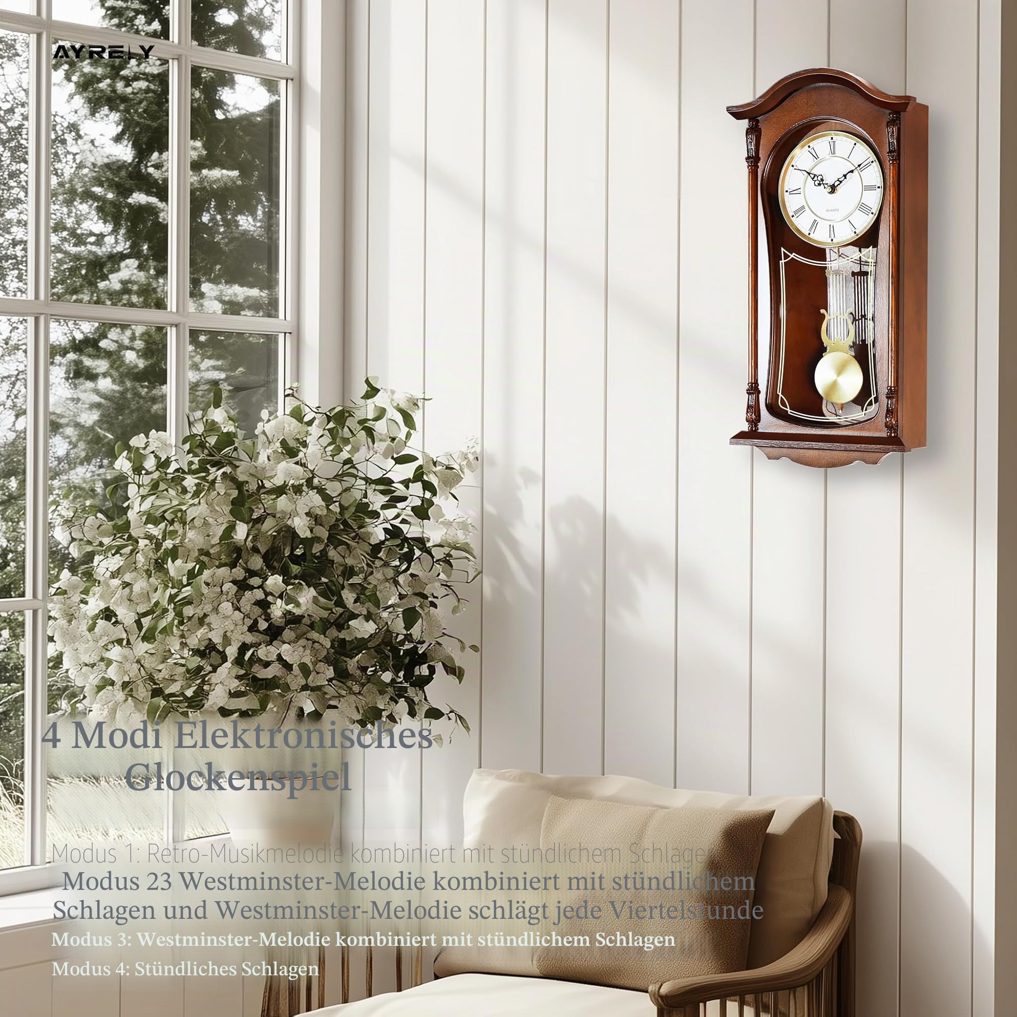 AYRELY® Vintage Standuhr 56 cm mit Pendel und Mahagoniholzrahmen – Klassische Wanduhr mit Stunden- und Viertelstundenschlag für Wohnzimmer & stilvolles Home-Dekor