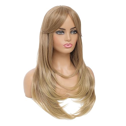 Miniatura 10 de SWACC Peluca de pelo sintético con flequillo largo en capas para mujeres con gorra de peluca (negro)