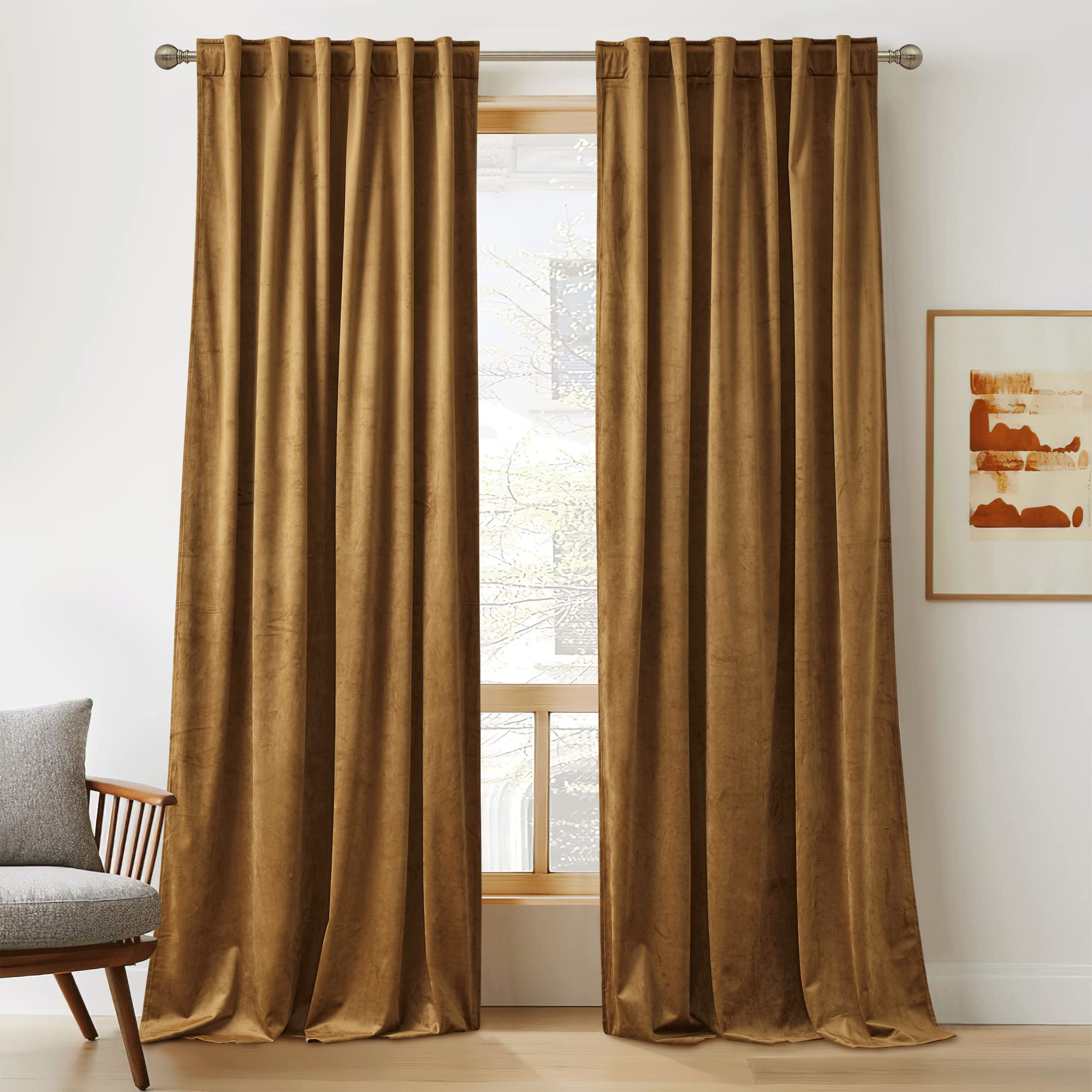 RYB HOME 72 inches Velvet Curtains for Farmhouse - Smooth Plush Privacy Blackout Energy Efficient Window Treatment Vintage Luxury Decoration for Retro Bedroom, Golden Brown, 2 Pieces