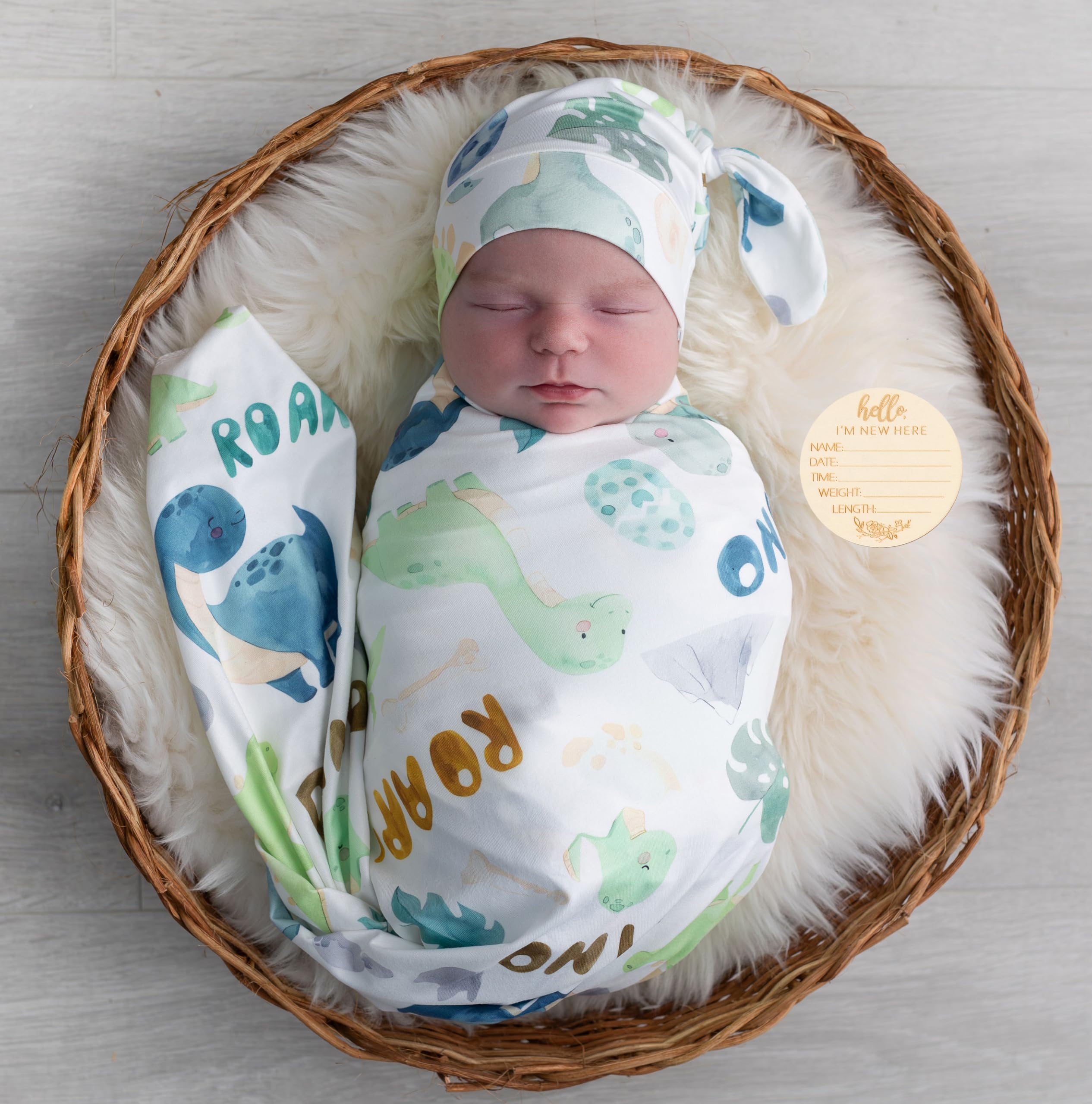 Newborn Swaddle Set, Green Dinosaur, Beanie and Headband