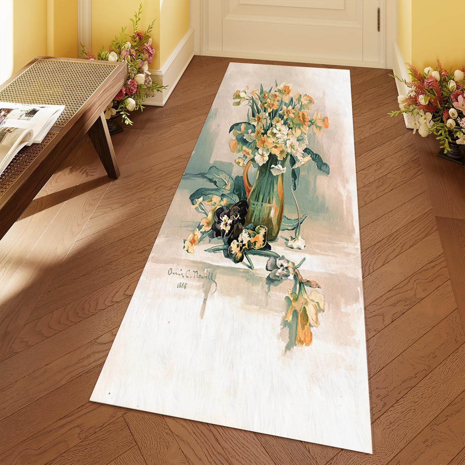 Watercolor Floral Entryway Runner Rug Washable 2x6 Hallway Non Slip Runners Rugs Low-Pile Soft Indoor Floor Carpet for Bathroom Laundry Room Kitchen