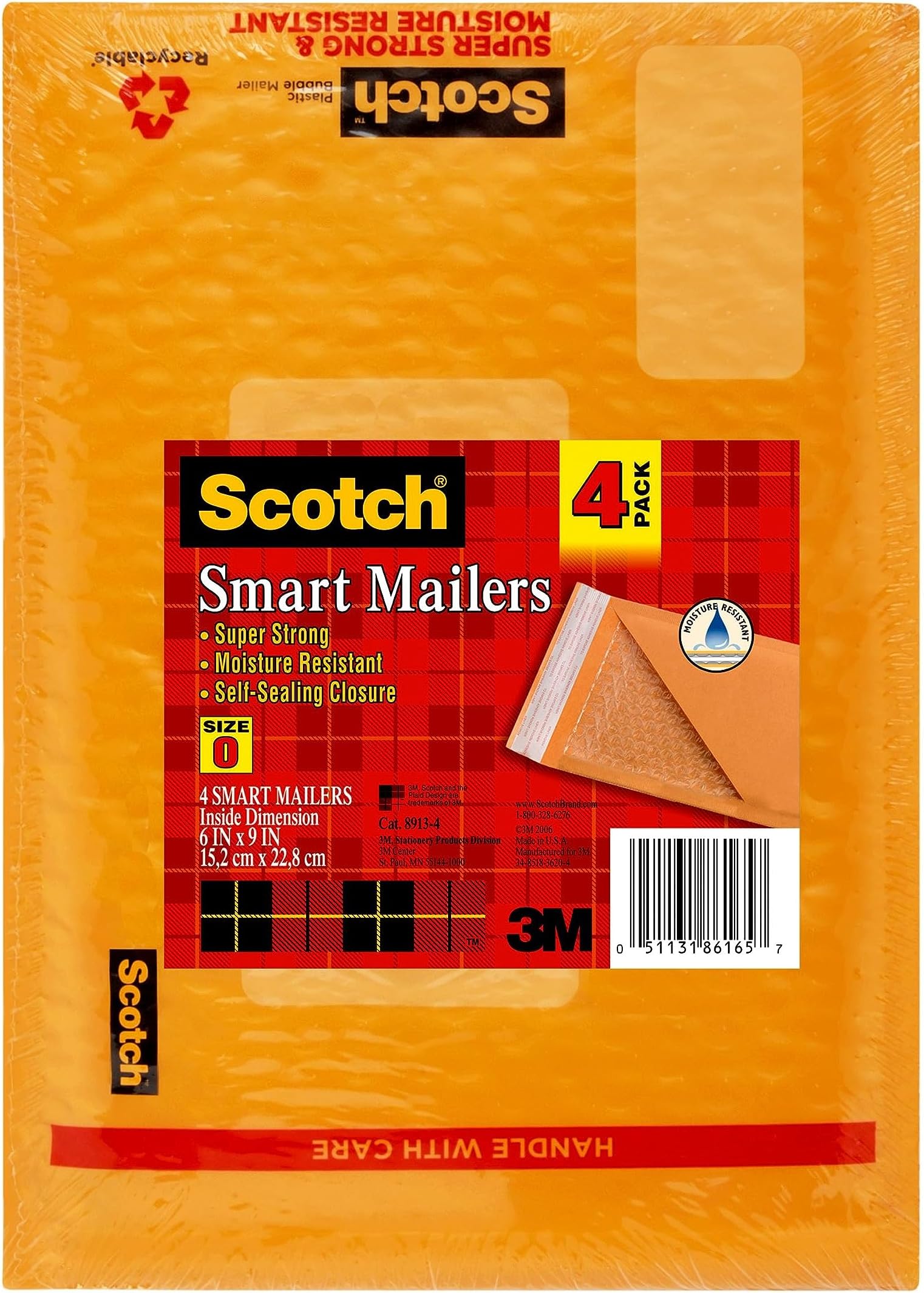Scotch Plastic Bubble Mailer, 6 in x 9.25 in, Size #0, Yellow, 4/Pack (8913-4)