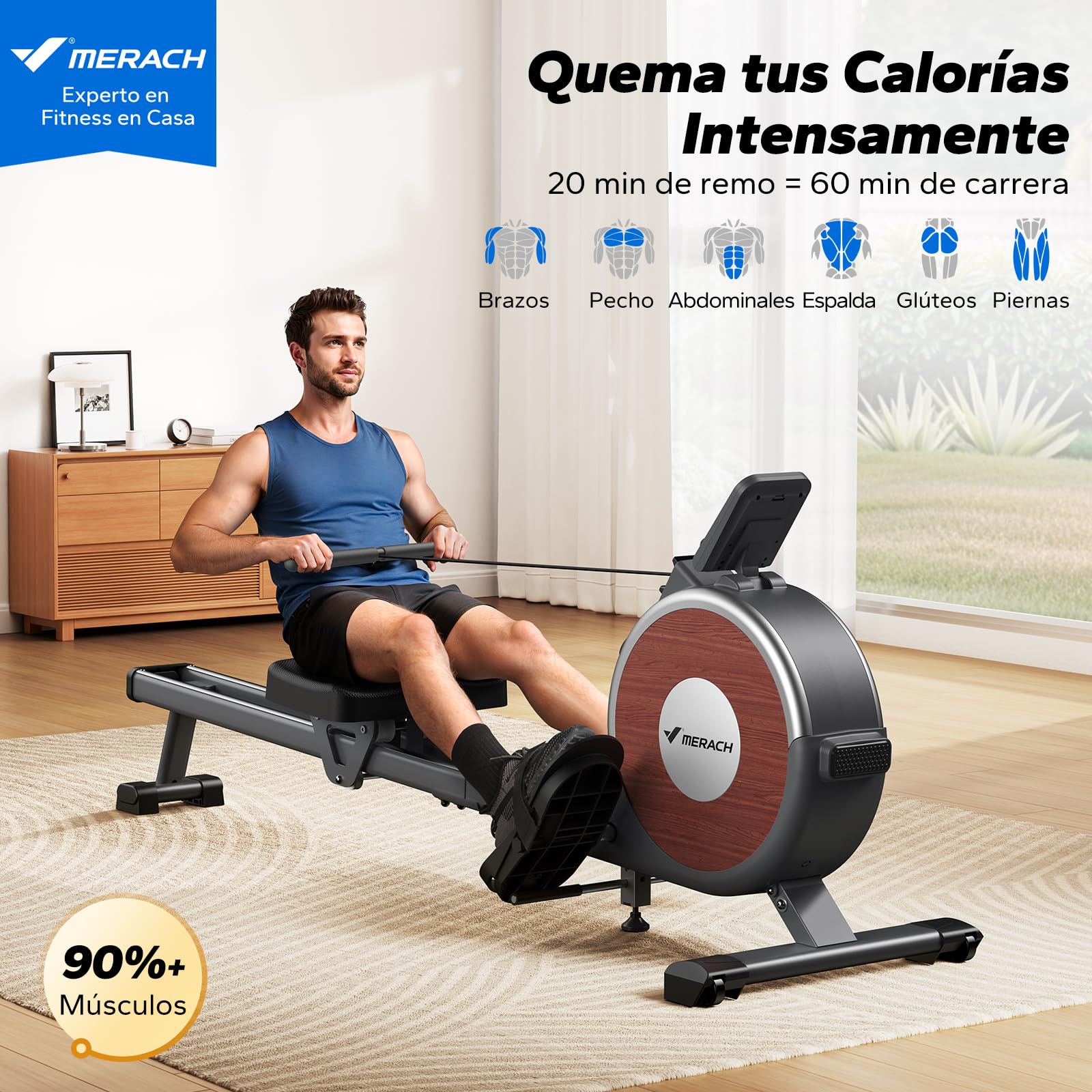 MERACH Máquina de Remo para Casa, 16 Niveles de Resistencia, Remo Magnético Silencioso con App Exclusiva, Rieles Dobles Mejorados para Mayor Estabilidad(Gris)