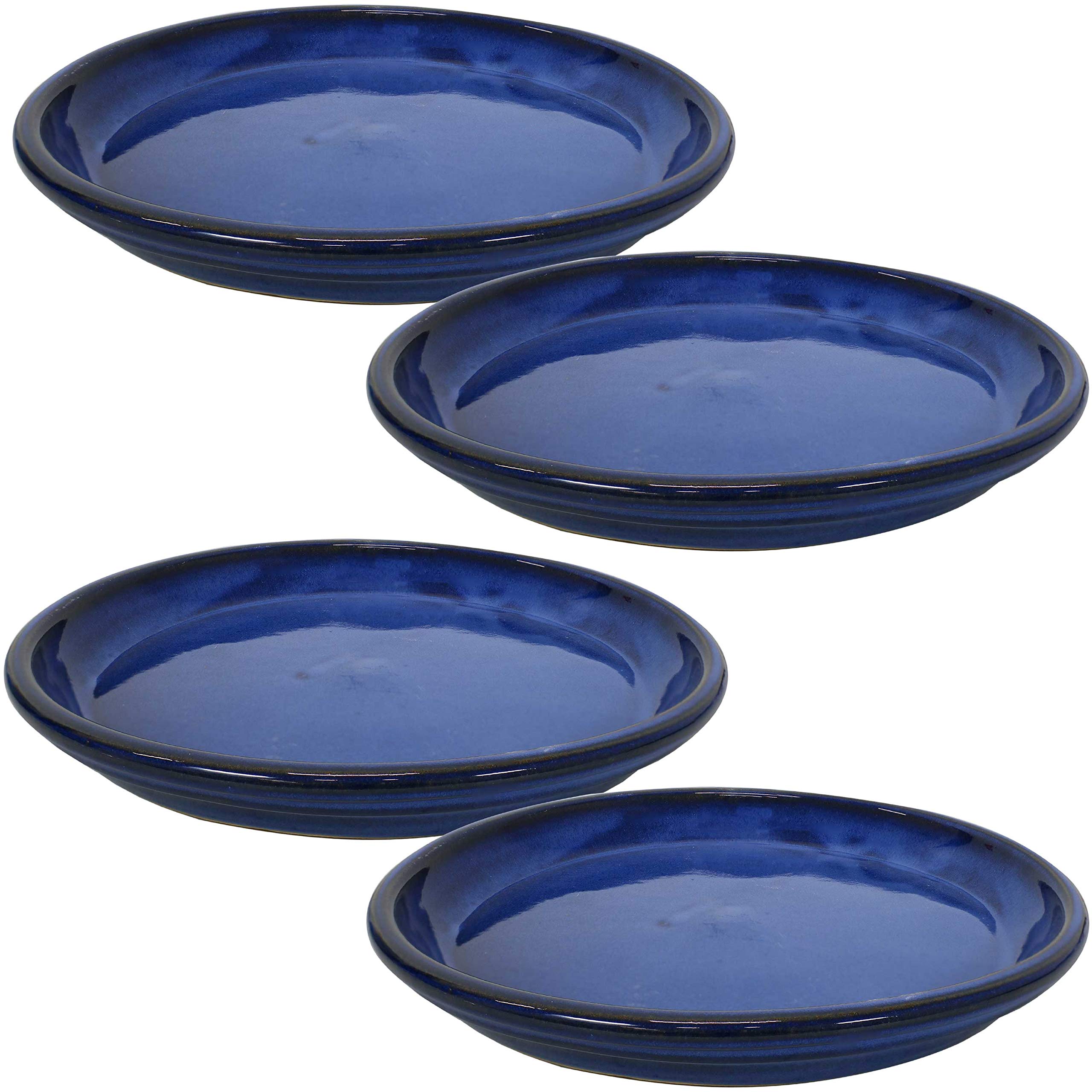 Sunnydaze 12-Inch Ceramic Plant Saucers - Plant Drip Trays for Outdoor Planter Flowerpot Drainage - Set of 4 - Imperial Blue