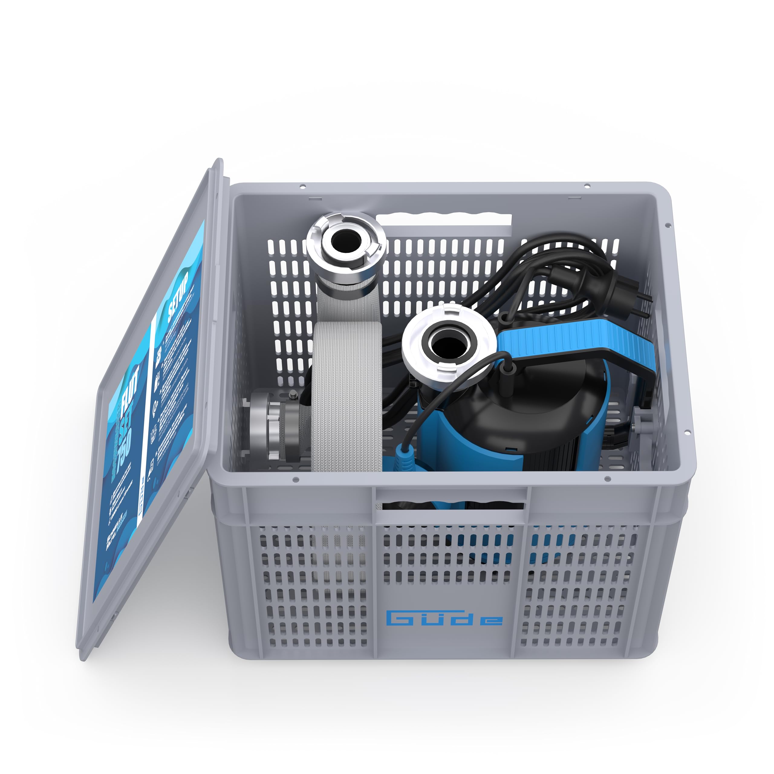 Güde Hochwasser Flut-Set 750-230 Volt, 750 Watt, 12000 Liter pro Stunde maximale Fördermenge, 8 Meter maximale Förderhöhe, 7 Meter maximale Eintauchtiefe, inkl. 10 Meter Druckschlauch, Transportbox
