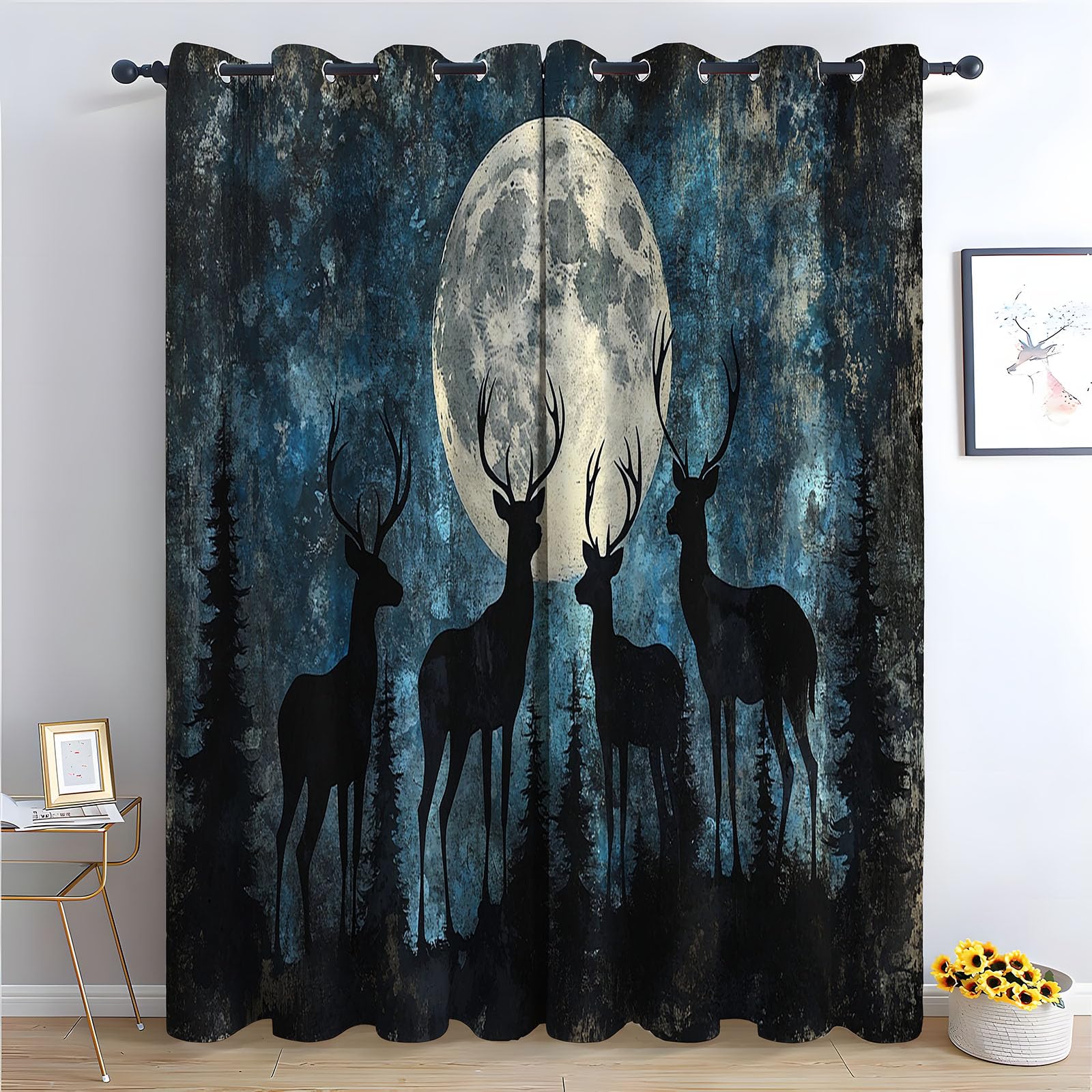 WQBQKKX Vintage Abstract Line Curtains Deer Moon Curtain for Bedroom Flowers Green Leaf Eyelet Thermal Insulated Drapes-52 W x 108" L (Pack of 2)