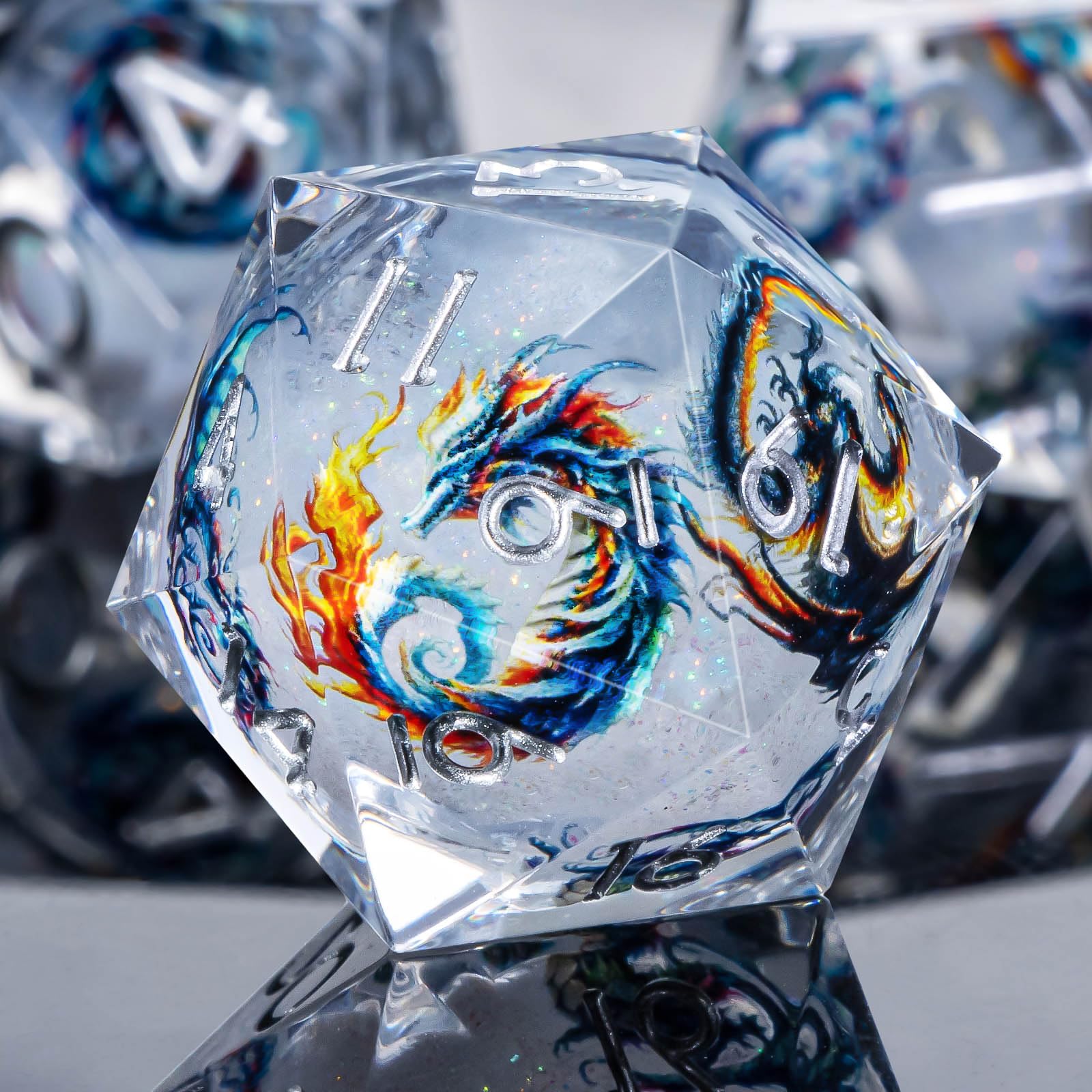 Roycevon Dragon Pattern Liquid Core DND Dice Set, 7Pcs Sharp Edge Dice with Gift Box, White Resin Role Playing Dice D20 D12 D10 D8 D6 D4