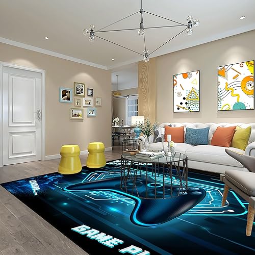 Miniatura 6 de Alfombra de área grande para habitación de los niños, controlador de gamepad 3D, color azul, para sala de estar, adolescente, jugador, sala de