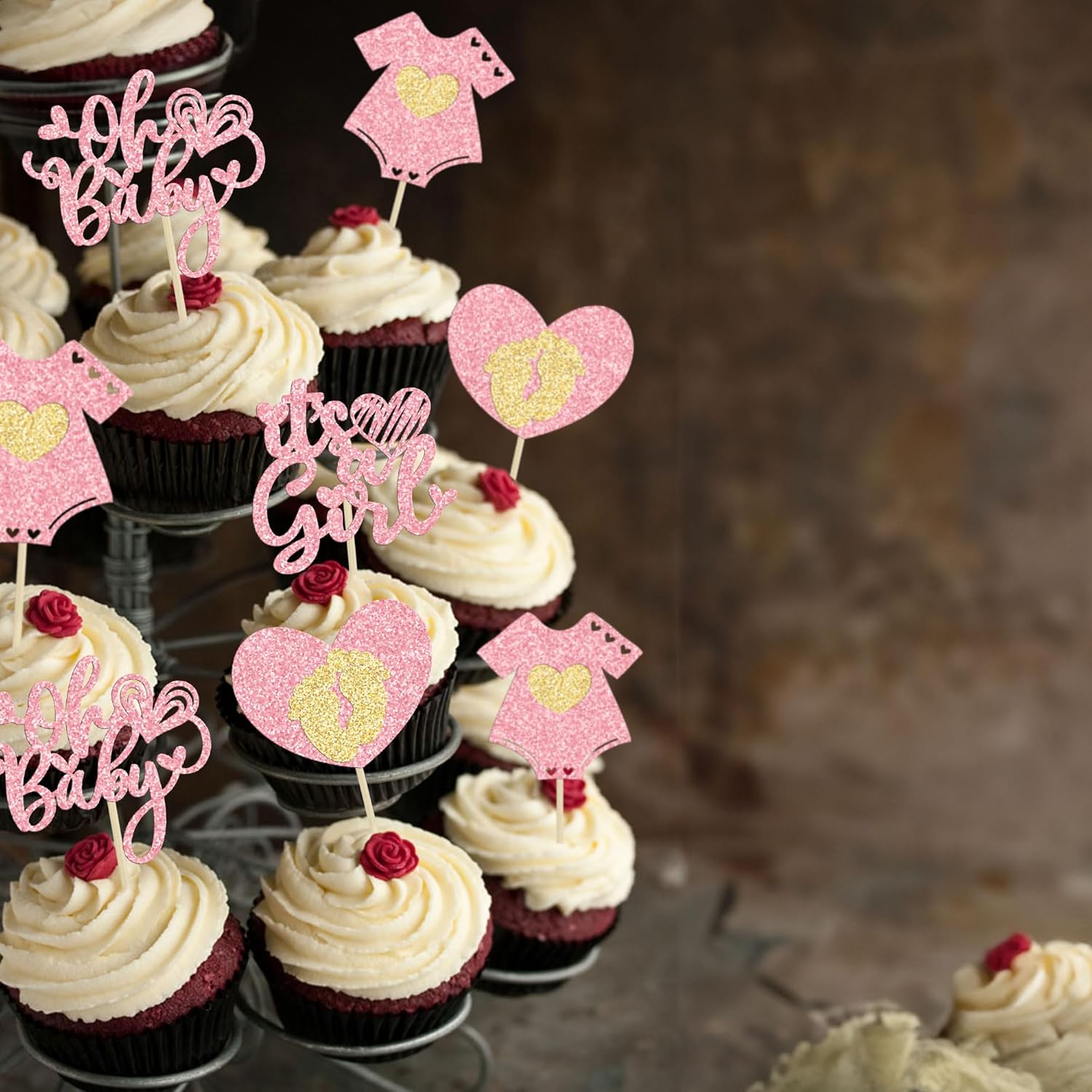 Ephlyn 24Pcs Happy Valentine's Day Oh Baby Cupcake Toppers Glitter Baby Feet Onesie Heart It's a Girl Cupcake Picks for Baby Shower Birthday Party Cake Decorations Supplies Pink - Image 4