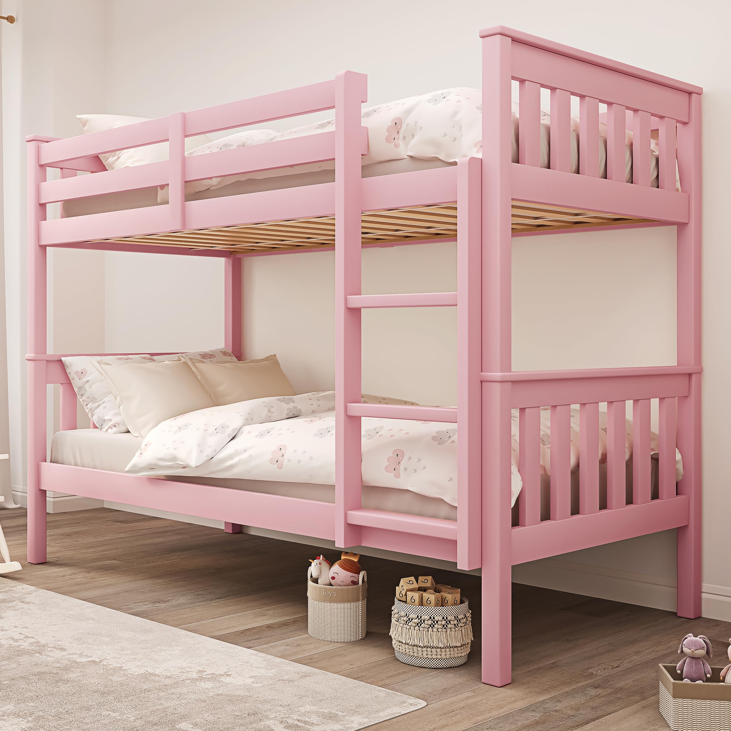 Blisswood Double Bunk Bed, 3ft Single Bed Frame with Ladder, Extra Strong & Durable, Wooden Kids bunk beds, Twin Sleeper for Kids, Children, Adults, Double Bed Frame With Under Bed Storage (Pink)