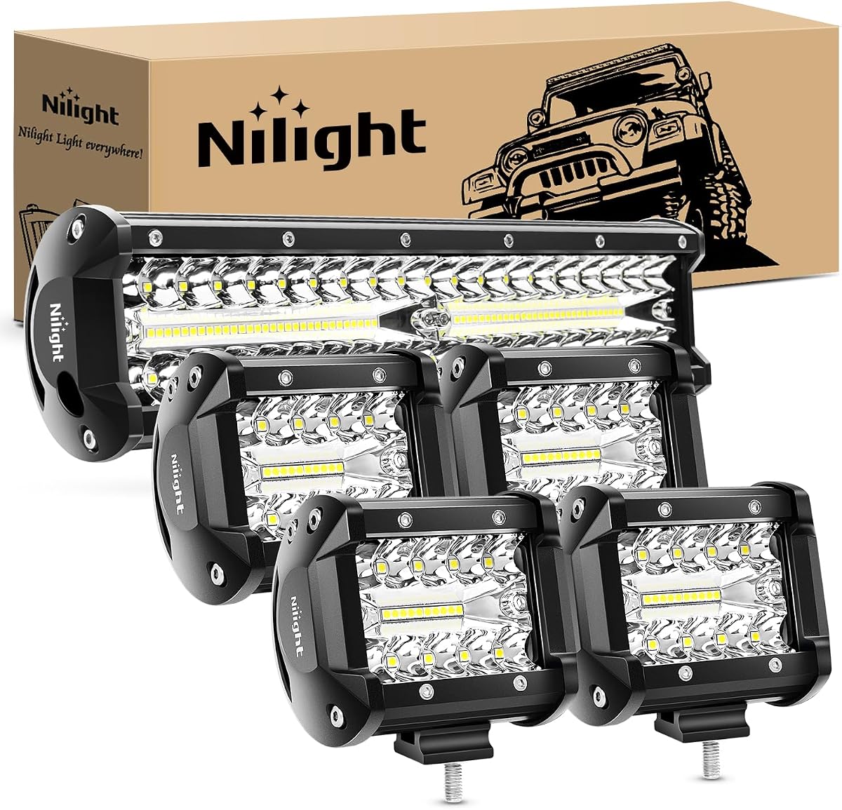 Nilight Barra de luz LED 12 pulgadas 300 W 4 piezas 4 pulgadas 60 W Spot Flood Pods Off Road Conducción Niebla Trabajo Iluminación para camión Tractor Pickup Barco SUV ATV UTV Coche 4x4 Van Camper Motocicleta Dirt Bike Carro de golf