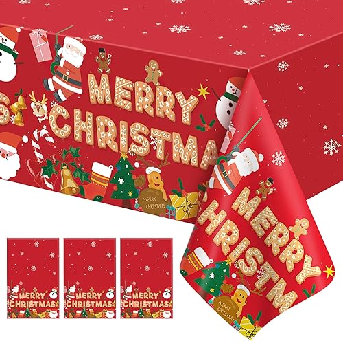 Miniatura 17 de Mantel de Navidad, 2 piezas de mantel desechable de plástico rojo, mantel de 54 x 108 pulgadas para decoraciones de Navidad, mantel de árbol de 2