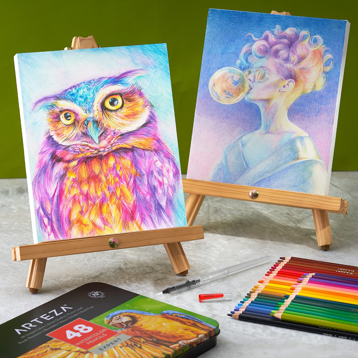 Arteza Aquarell Set mit 48 Aquarell-Buntstiften, Aquarellstifte Set und faltbarer Leinwandblock, Malset für Erwachsene, Künstlerbedarf für Kinder, Profis und Hobbymaler, 48 Farben