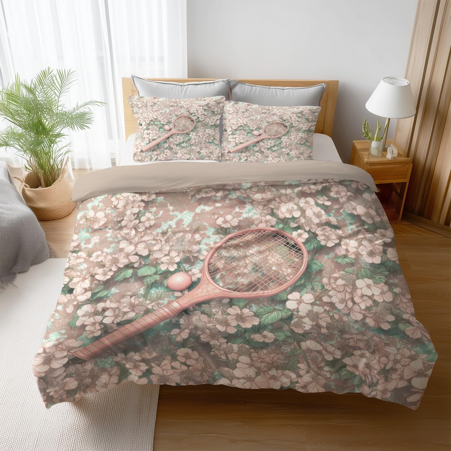 Miękka pościel King Size 229 x 221 cm – różowo-zielone kwiaty vintage rakieta tenisowa poszewka na kołdrę, dwustronna poszewka na kołdrę i 2 poszewki na poduszki, ultramiękki i oddychający zestaw