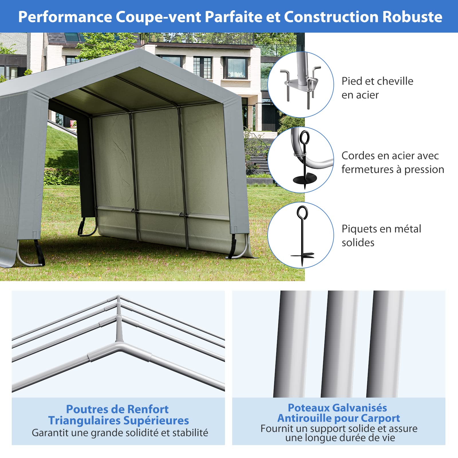 COSTWAY Tente Garage Carport Portable en Acier 290 x 490 cm, Abri Voiture Étanche Grand Auvent avec Portes, Poutres Triangulaires, Toutes Saisons pour SUV, Bateau, Cargaison