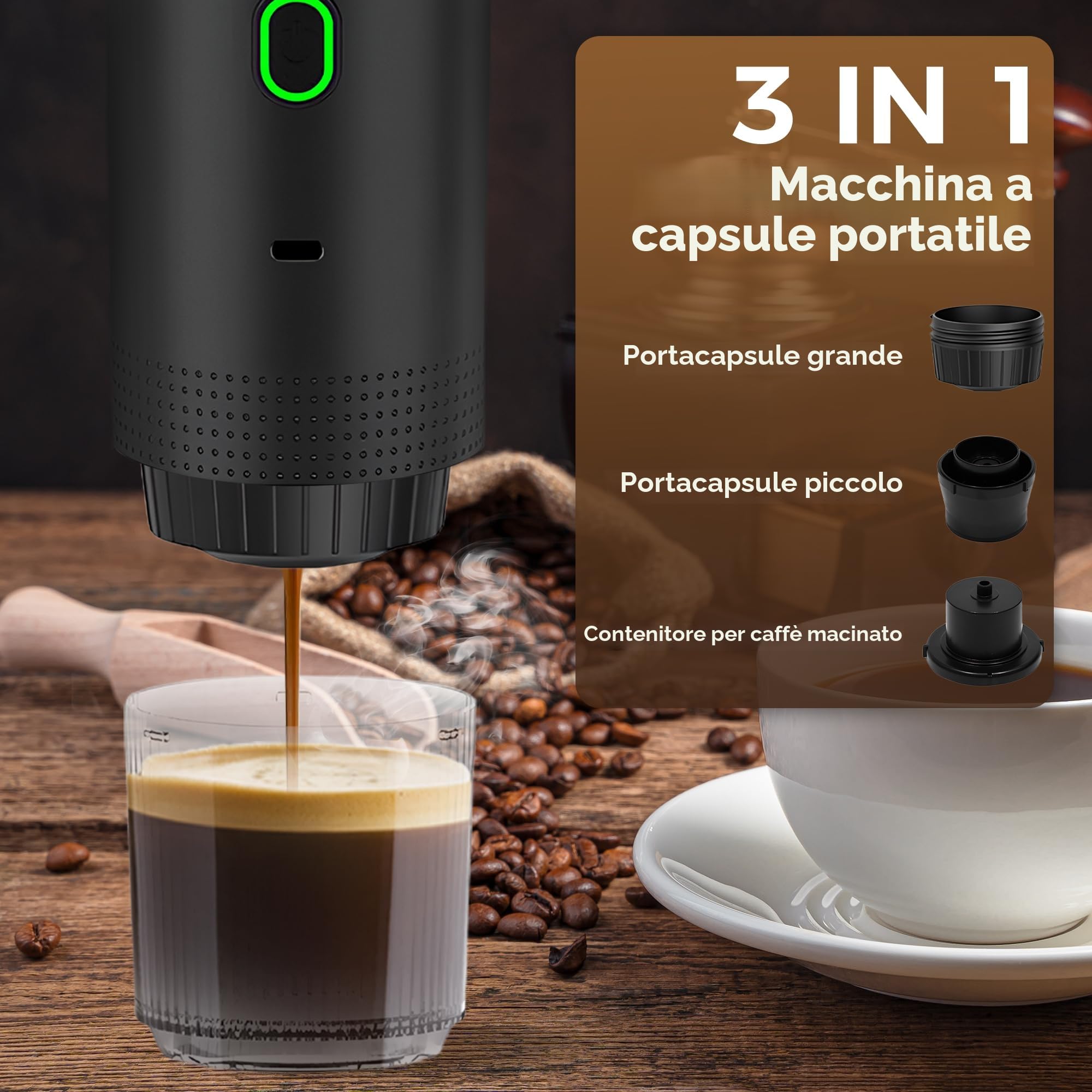 Macchina da Caffè Portatile 3 in 1 Caffettiere Espresso Capsule e Caffè Macinato Macchina per Espresso Elettrico Riscaldamento Rapido per Ufficio Viaggi Campeggio Casa (Verde)