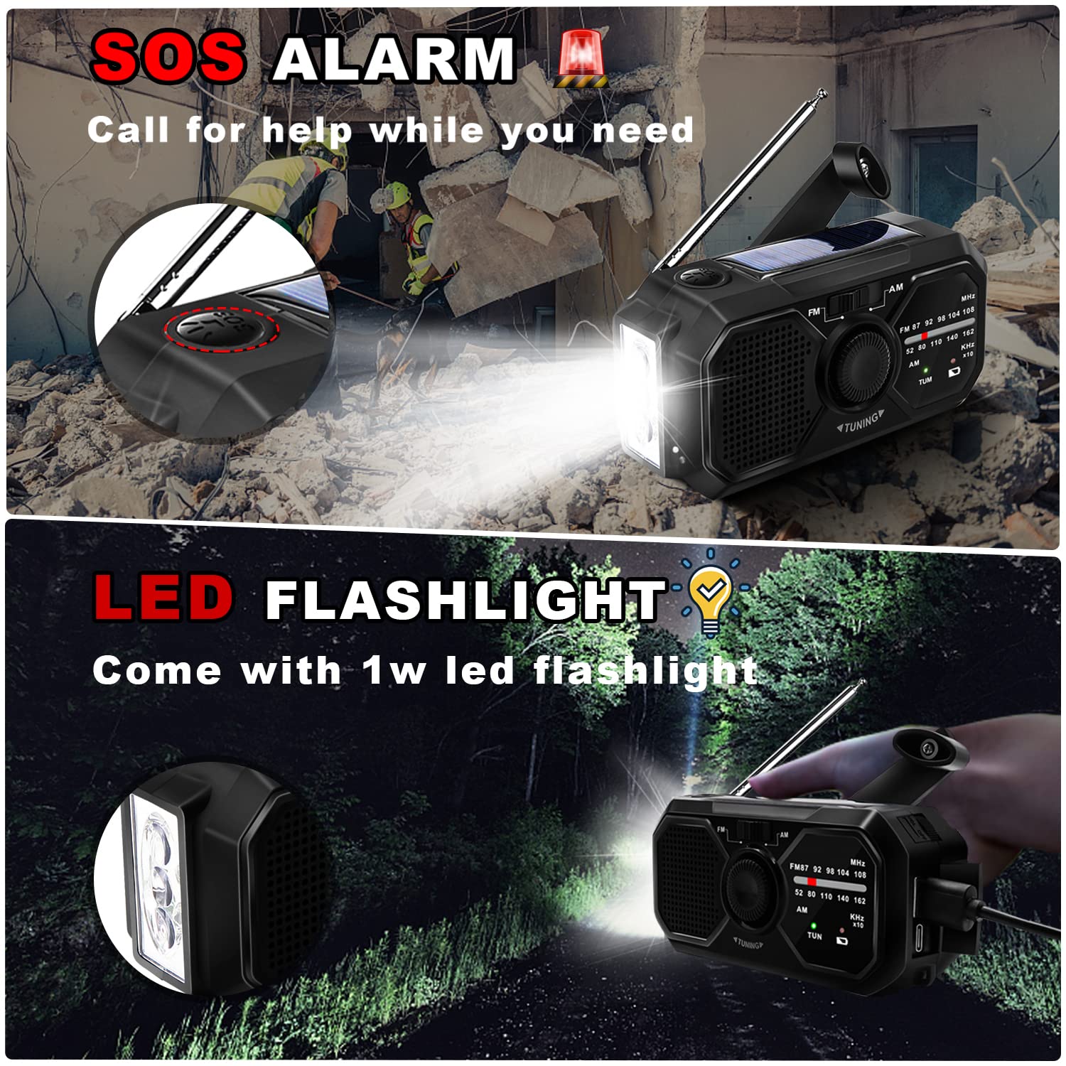 HOSSOM Solare Radio di Emergenza, AM/FM Radio a Manovella, Radio Portatile 2500mAh Ricaricabile con Torcia LED/Allarme SOS, per Campeggio, Ourdoor, Emergenza