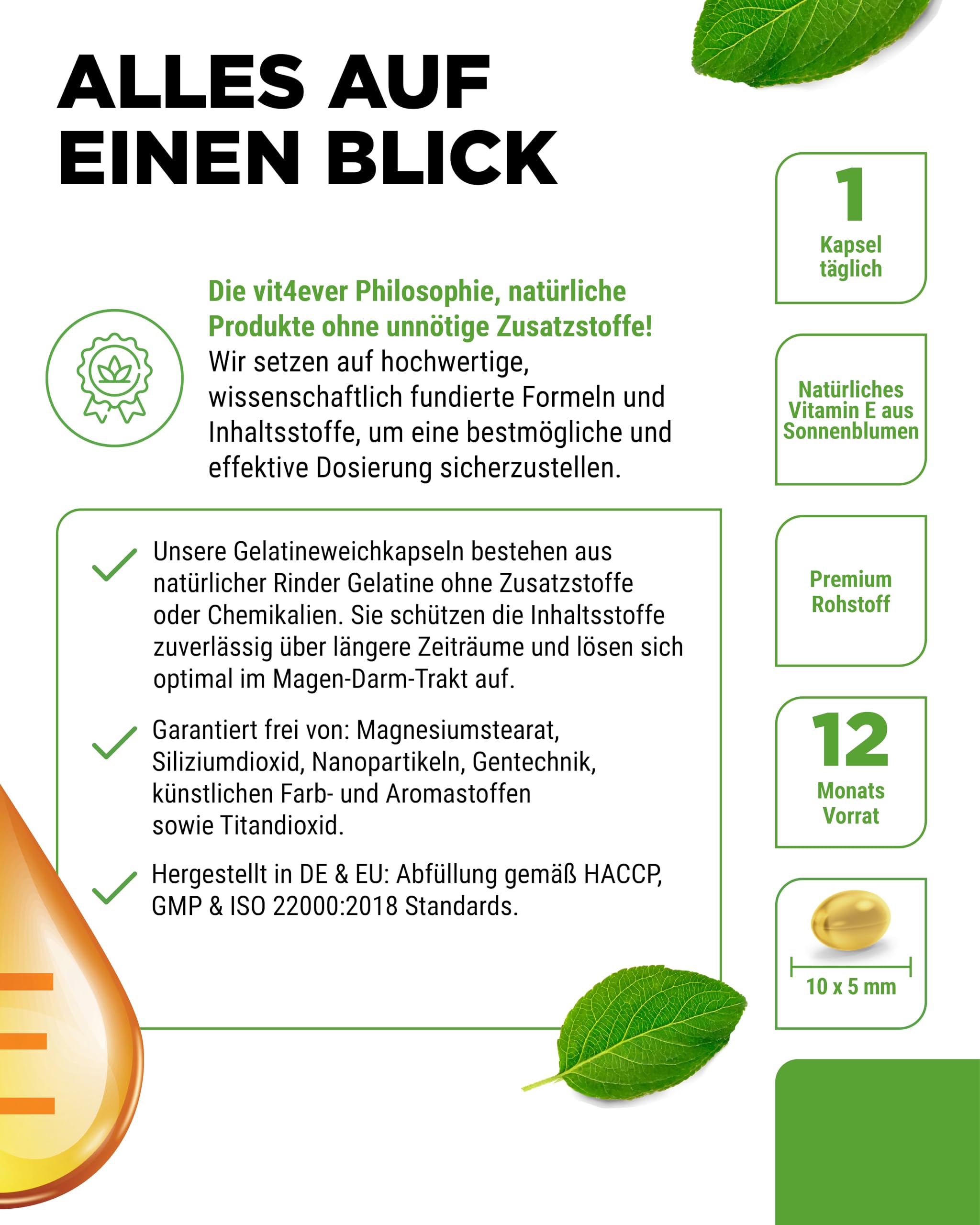 vit4ever Vitamin E 400 I.E. natürlich - 365 Softgel Kapseln - Premium: Natürliches Vitamin E aus Sonnenblumen - 12 Monatsvorrat - Hochdosiert