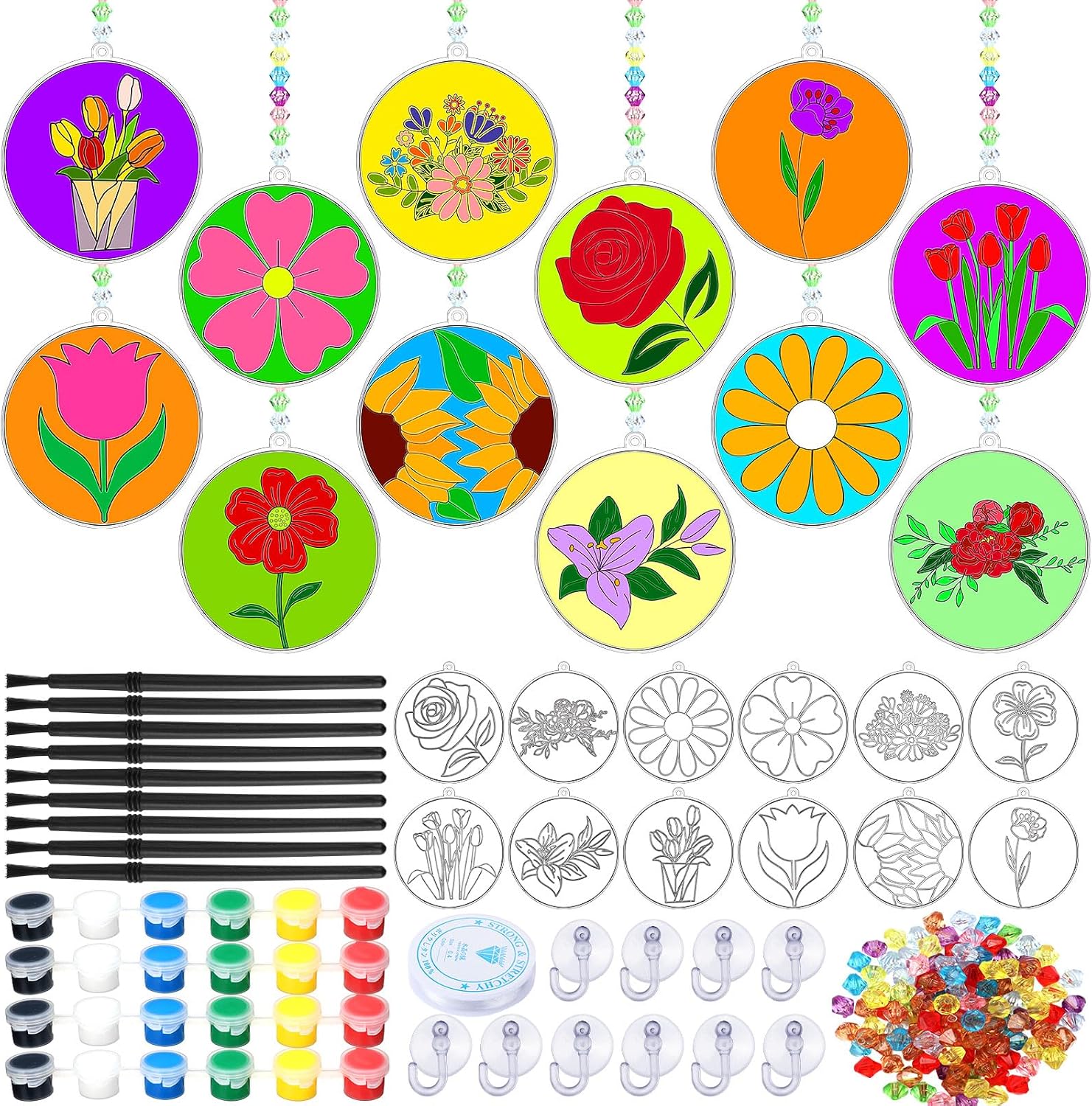 Wonderjune 24 Sets Flower Suncatchers Window Art Kits, DIY Floral Sun Catchers Crafts Paint Your Own Window Hanging Ornaments for Summer Arts and Crafts Party Decor