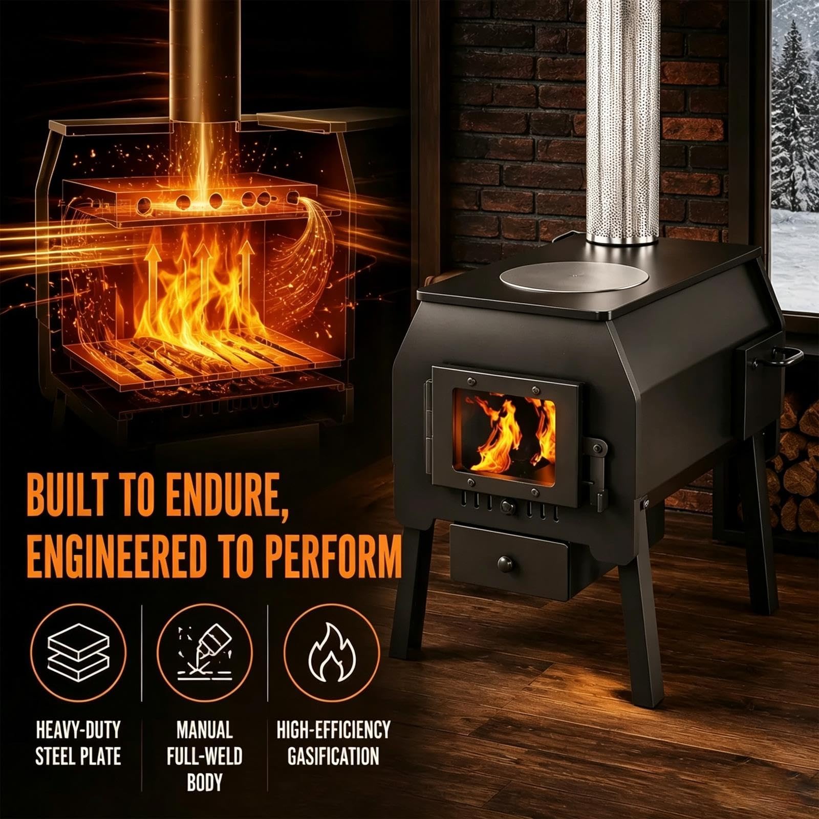 Estufa de Leña con Horno Acero Cajón Cenizas Ventana Visual Ahorro Energía
