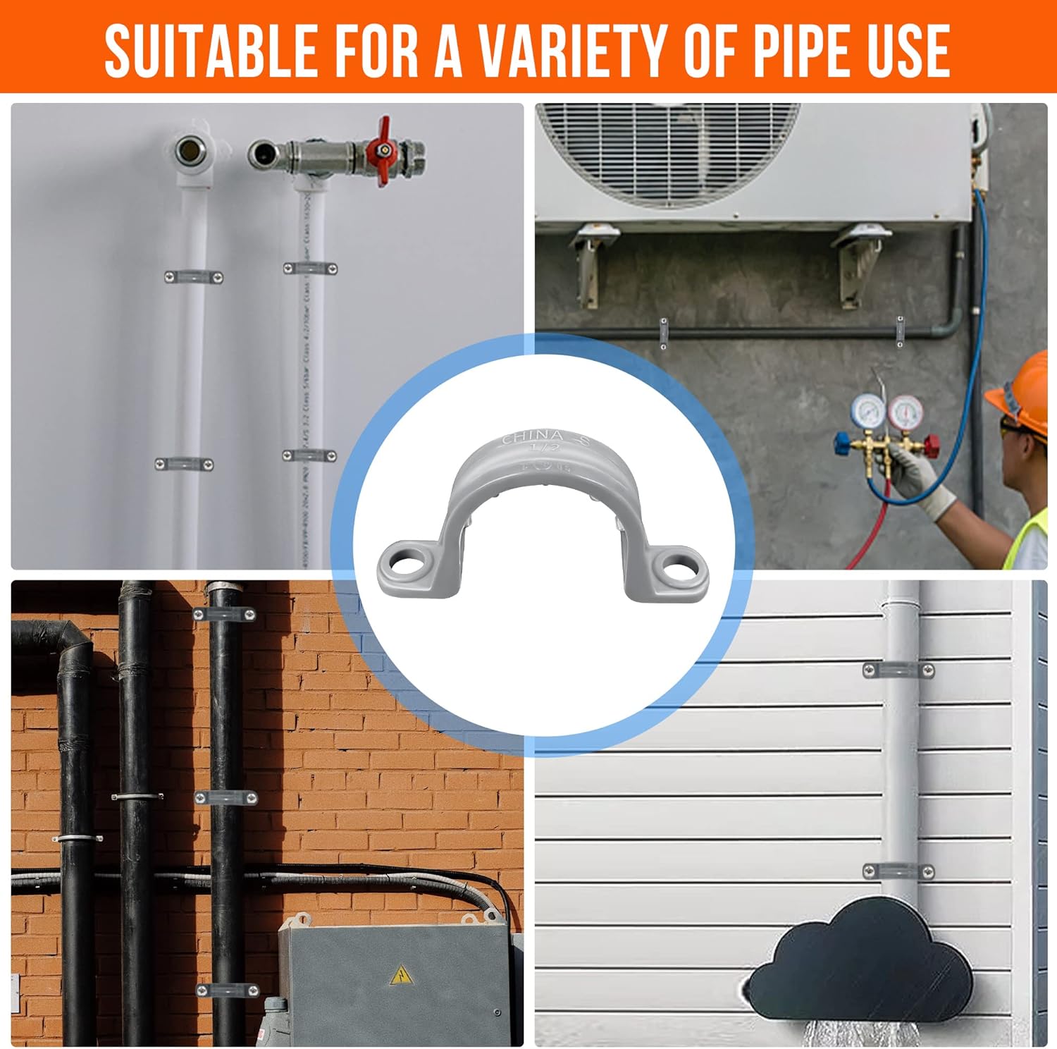 100 pcs 3/4'' 2 Holes Plastic Conduit Strap, PVC Pipe Straps U-Bracket Pipe Clamp Conduit Clamp For Conduit and Cables Tool Supplies， UL Listed