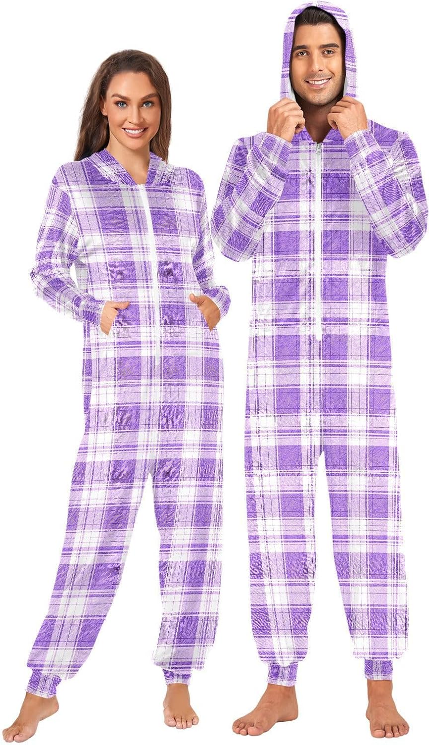 Purple Checkered Buffalo Plaid V Adult Onesie Pajamas Novelty One Piece Costume Sleepwear Jumpsuits Matching PJS