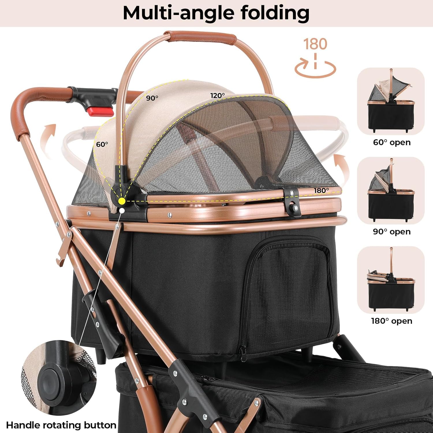 MAMIZO Cochecito para Mascotas 2 Niveles, Plegable Carrito para Mascotas de Hasta 15 kg, Carrito de 2 Niveles para Perros Gatos con Ventanas de Malla Portavasos y 4 PCS Ruedas PU, Negro