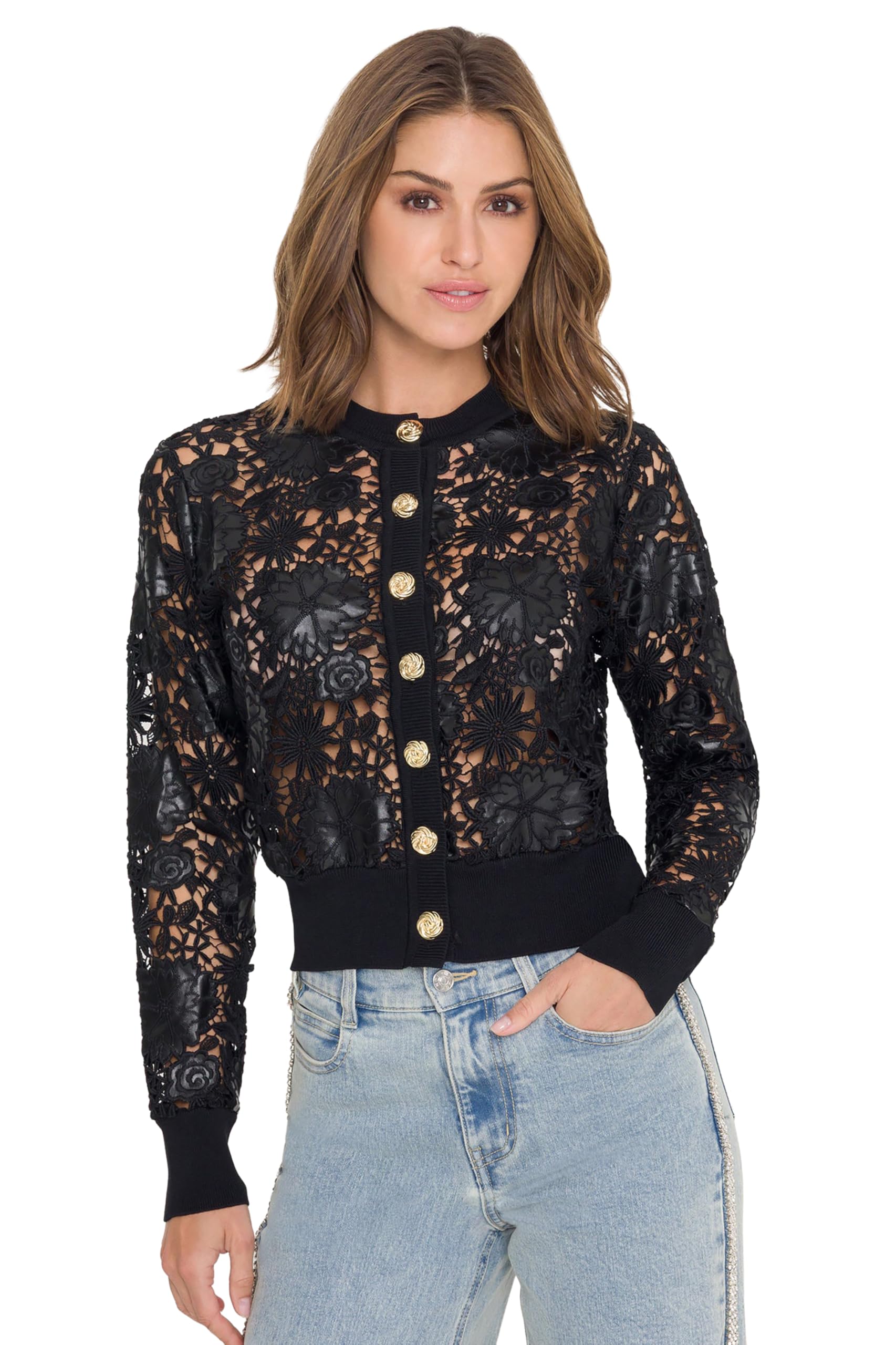 Generation Love Womens Erin Vegan Leather Lace Cardigan
