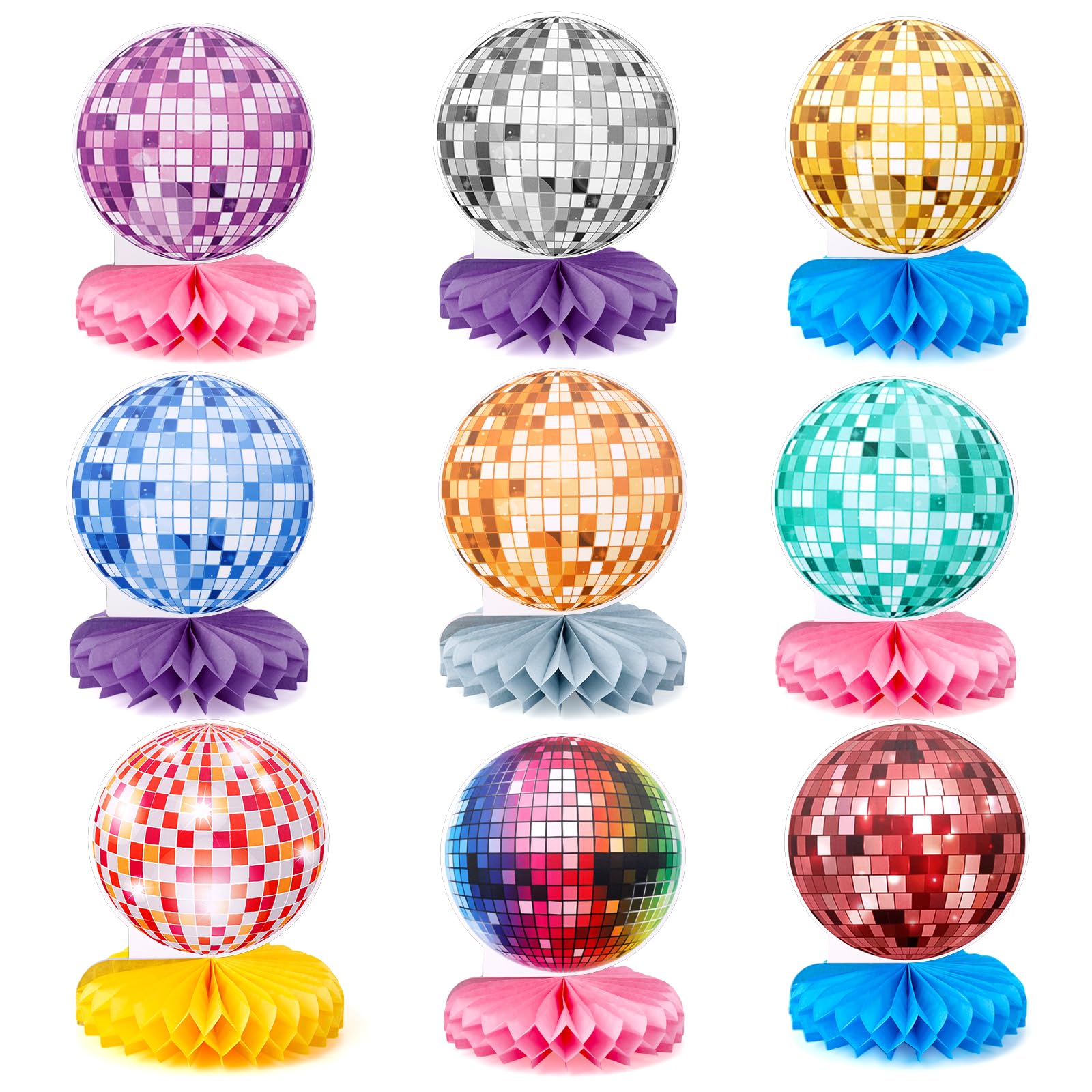 TMZELOA 9 Pezzi Discoteca Centrotavola A Nido D'Ape Set,Centrotavola Decorazione Della Festa Disco,Anni '70 '80 Vintage Festa Di Compleanno Accessori, Compleanno Sfera da Discoteca