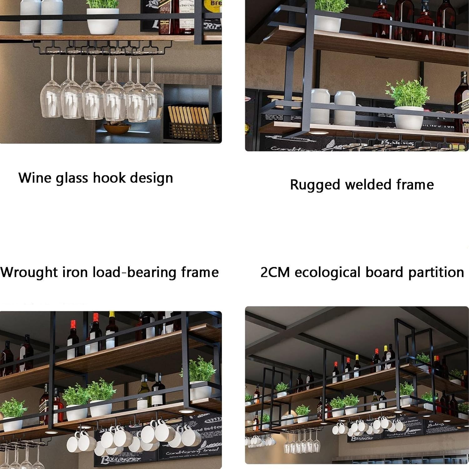 Ceiling Hanging Wine Glass Holder - Black European Hanging Plant Holder with Wall Shelf, Ceiling Shelf, and Hanging Bottle Rack for Wine Storage