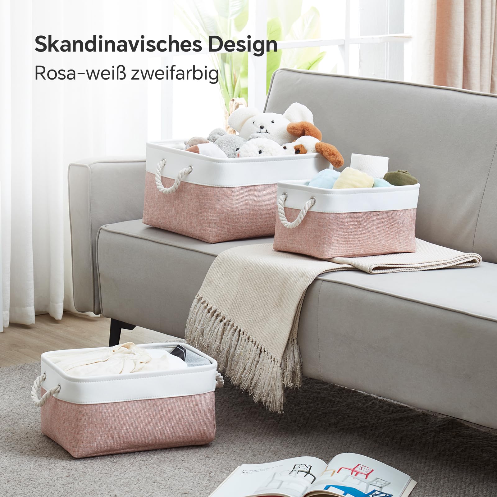 Mangata Aufbewahrungsboxen aus weichem Stoff, verschiedene Größen, rechteckige Behälterkörbe für Regal, Kleiderschrank, Spielzeug und Kleidung, 50 x 40 x 30 cm, Rosa und Weiß (XXL, 4 Stück)