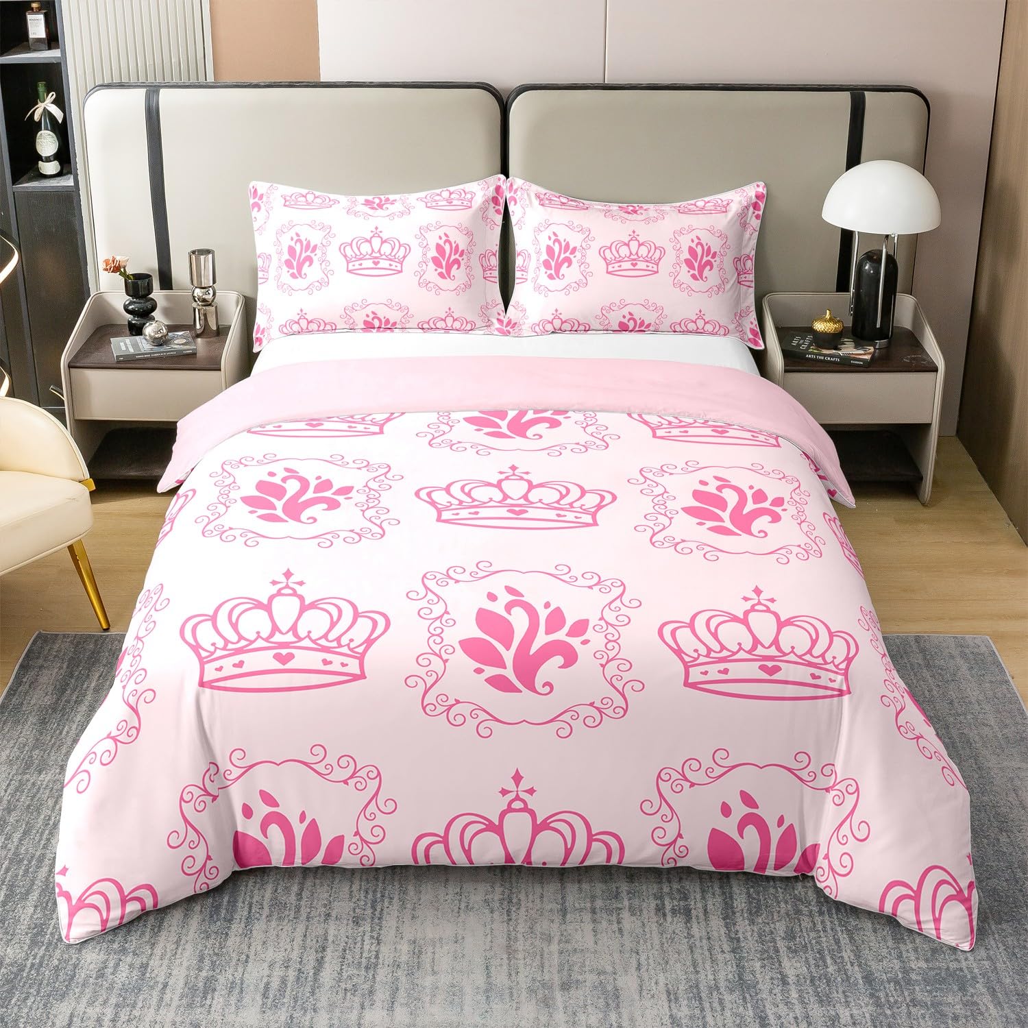Parure de lit rose en coton 3 pièces avec housse de couette cœur pour grand lit ado