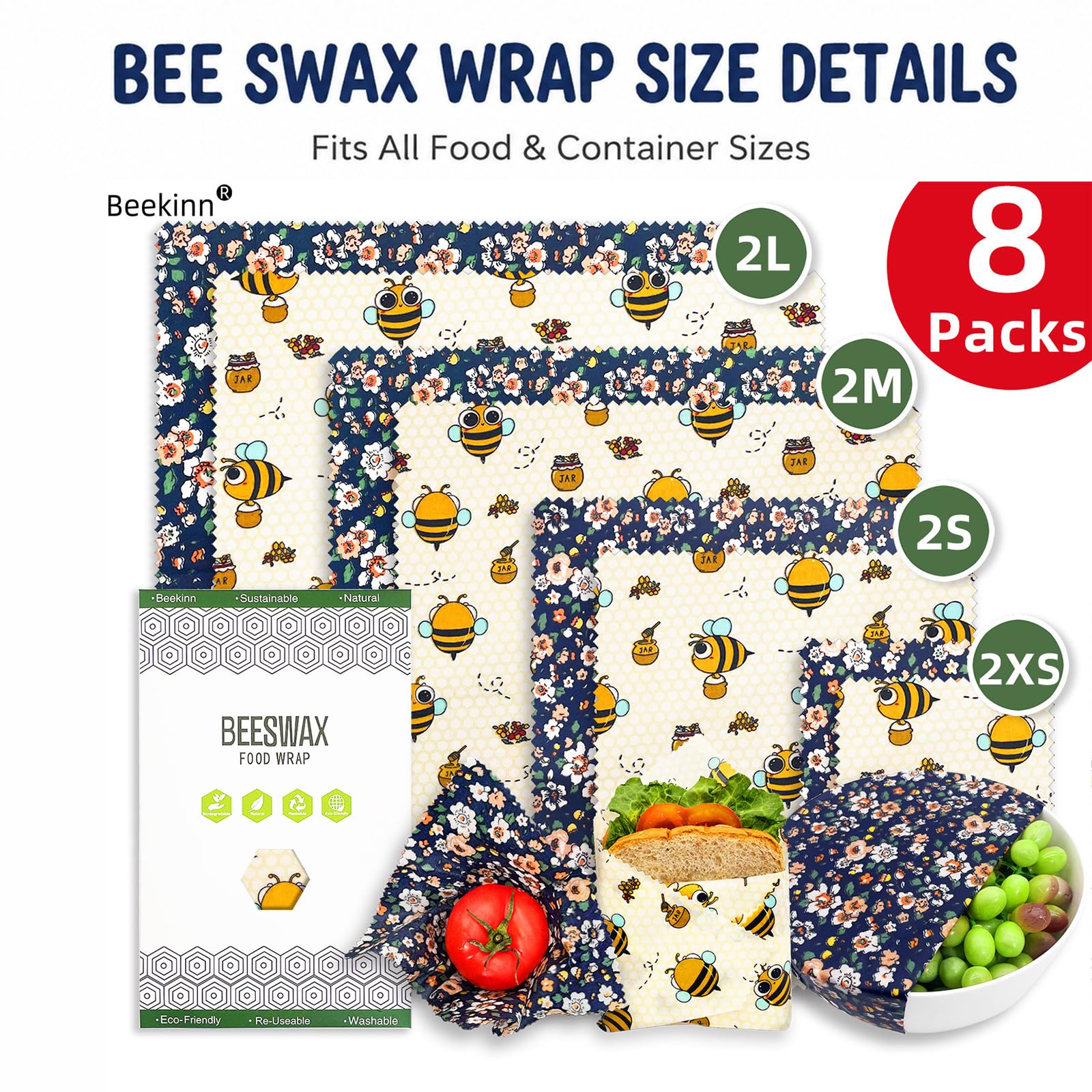 Set 8 Paños De Cera De Abeja Reutilizables, Algodón Orgánico (2XL 2L 2M 2S), Alternativa Práctica A Plástico, Uso para Frutas Pan Y Cocina, Fácil Limpieza Y Almacenamiento
