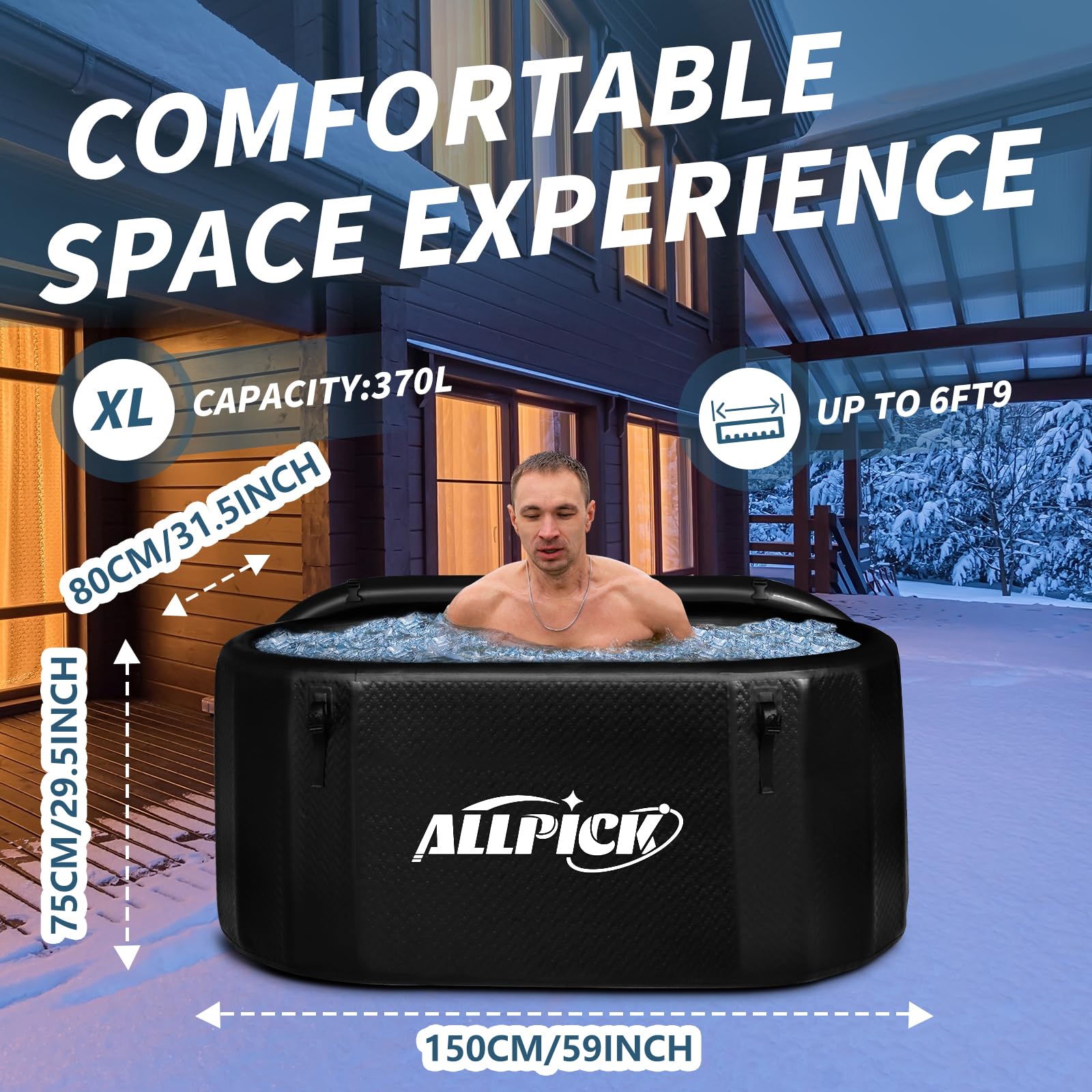 ALLPICK Cubo de Baño de Hielo Con Cubierta - XL Plegable (150 cm) Para Atletas, Compatible Con Enfriador de Agua, Barril Para Crioterapia, Interior y Exterior, 370