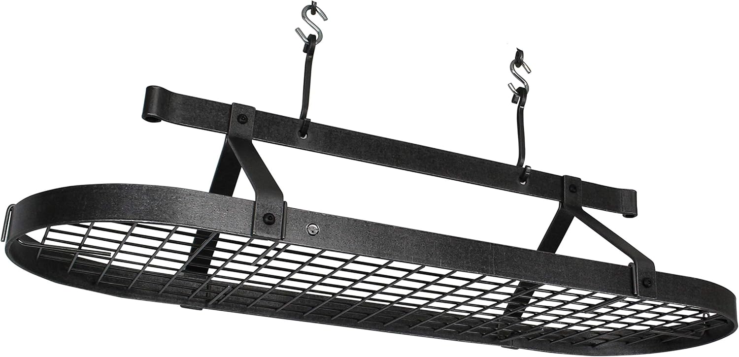 Handcrafted 48" Oval Hanging Pot Rack w 18 Hooks Hammered Steel