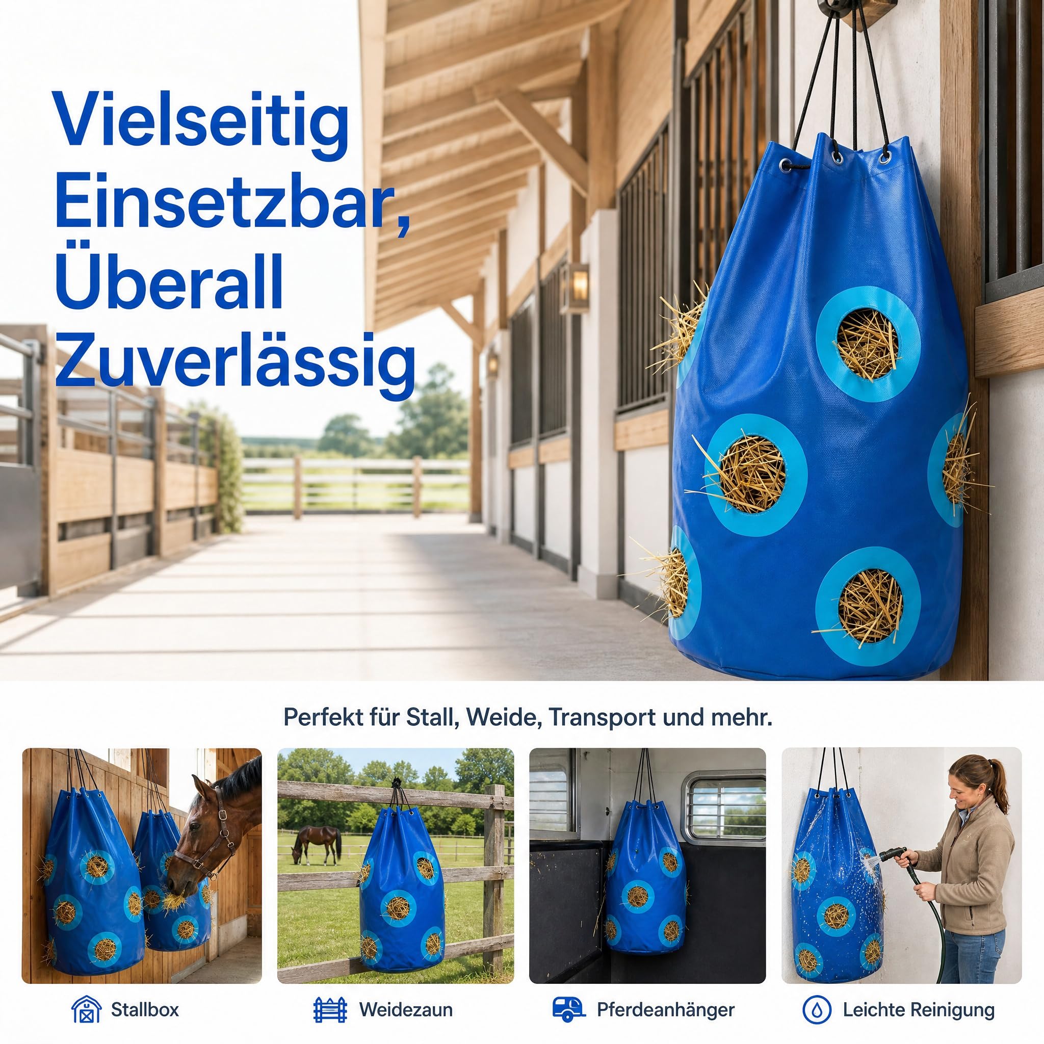 Heunetz für Pferde Verstärktes Futterloch 70x40cm Strapazierfähig Reißfest Blau