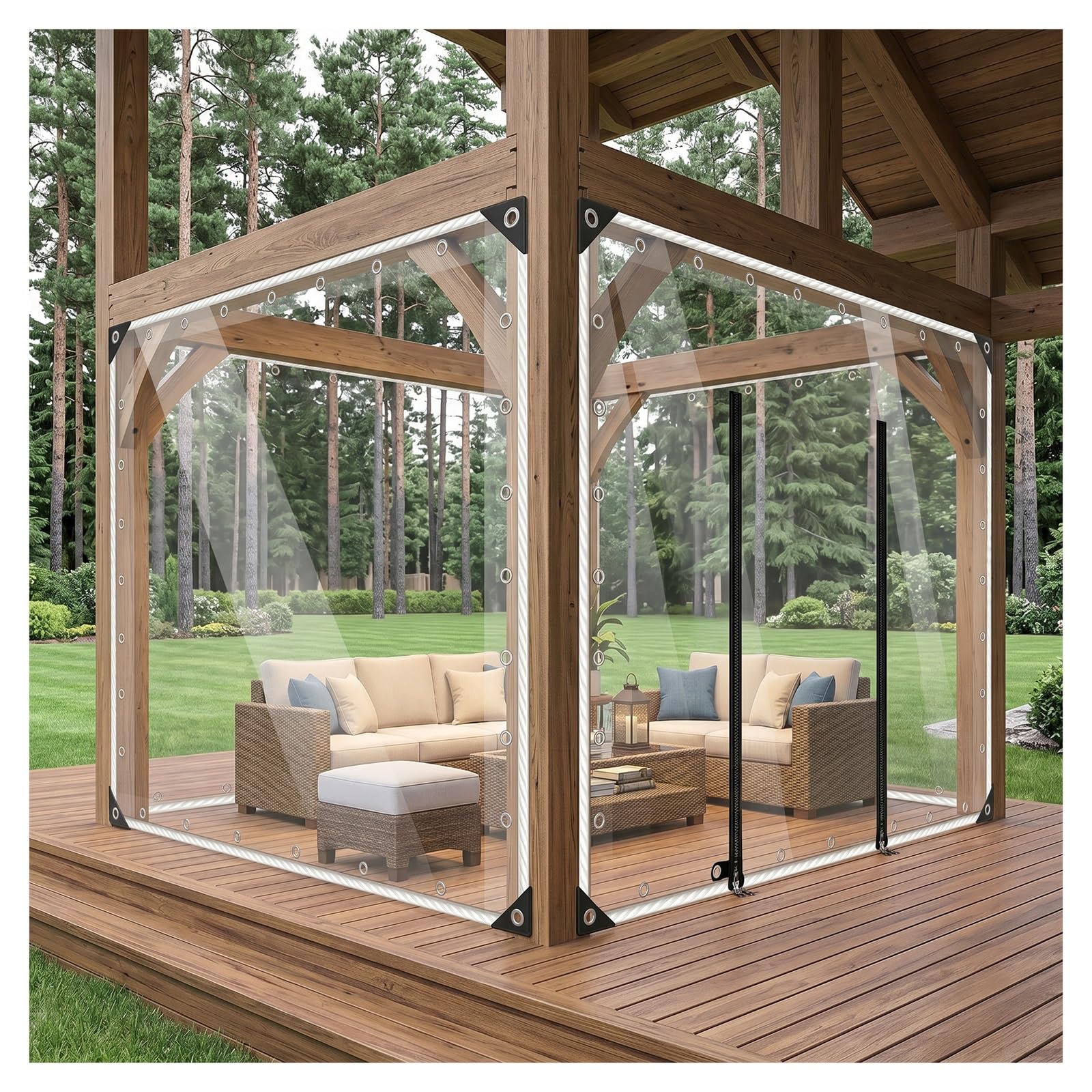 Clear tarps with grommets，clear tarps heavy duty waterproof，PVC Tarpaulin with Zipper，pergola porch plastic tarpaulin side panels，Outdoor Clear Tarp Curtain(H2.1xW3.5m/H6.8xW11.4ft)